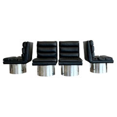 Vintage Set of 4 Leather and Chrome Swivel Dining Chairs