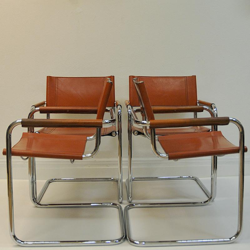 Mid-Century Modern Set of 4 Leather Armchairs Model S33 by Mart Stam, Fasem, Italy