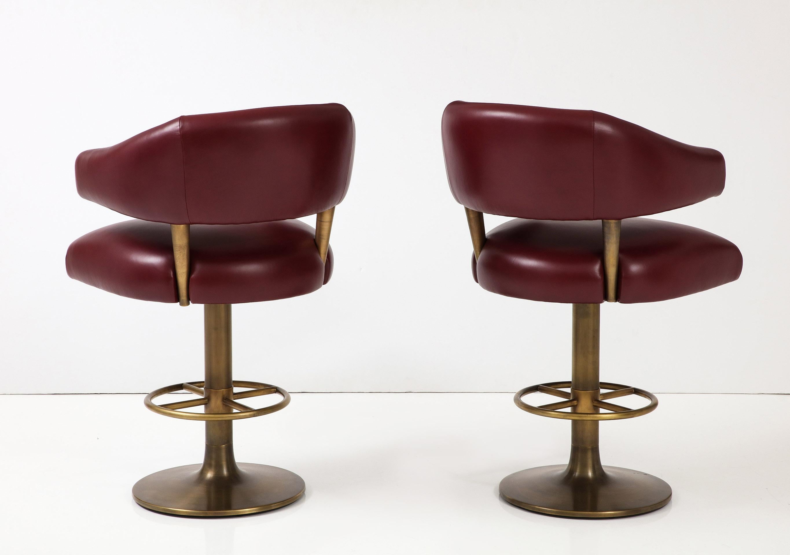 Set of 4 Leather & Brass Bar Stools For Sale 2