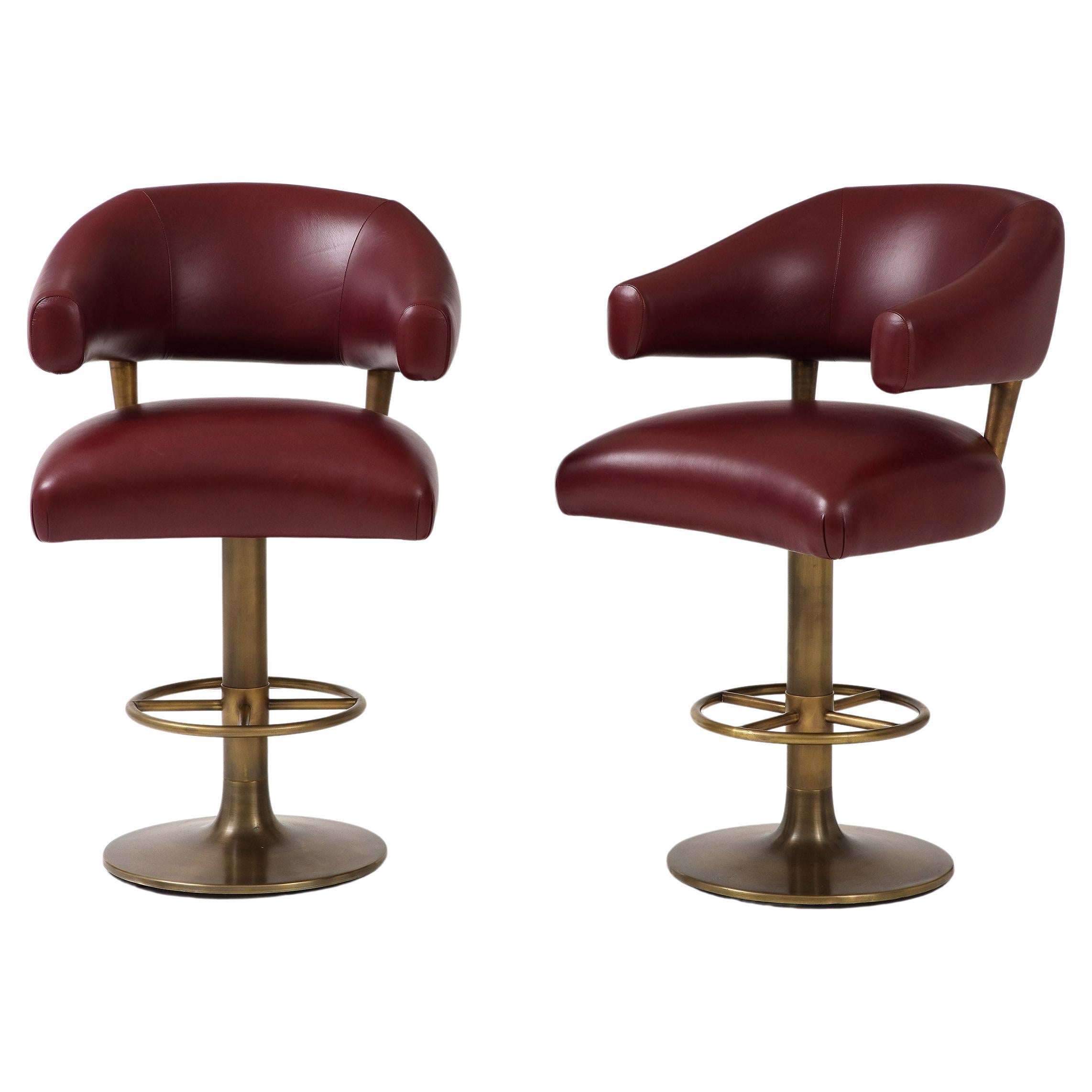 Set of 4 Leather & Brass Bar Stools For Sale