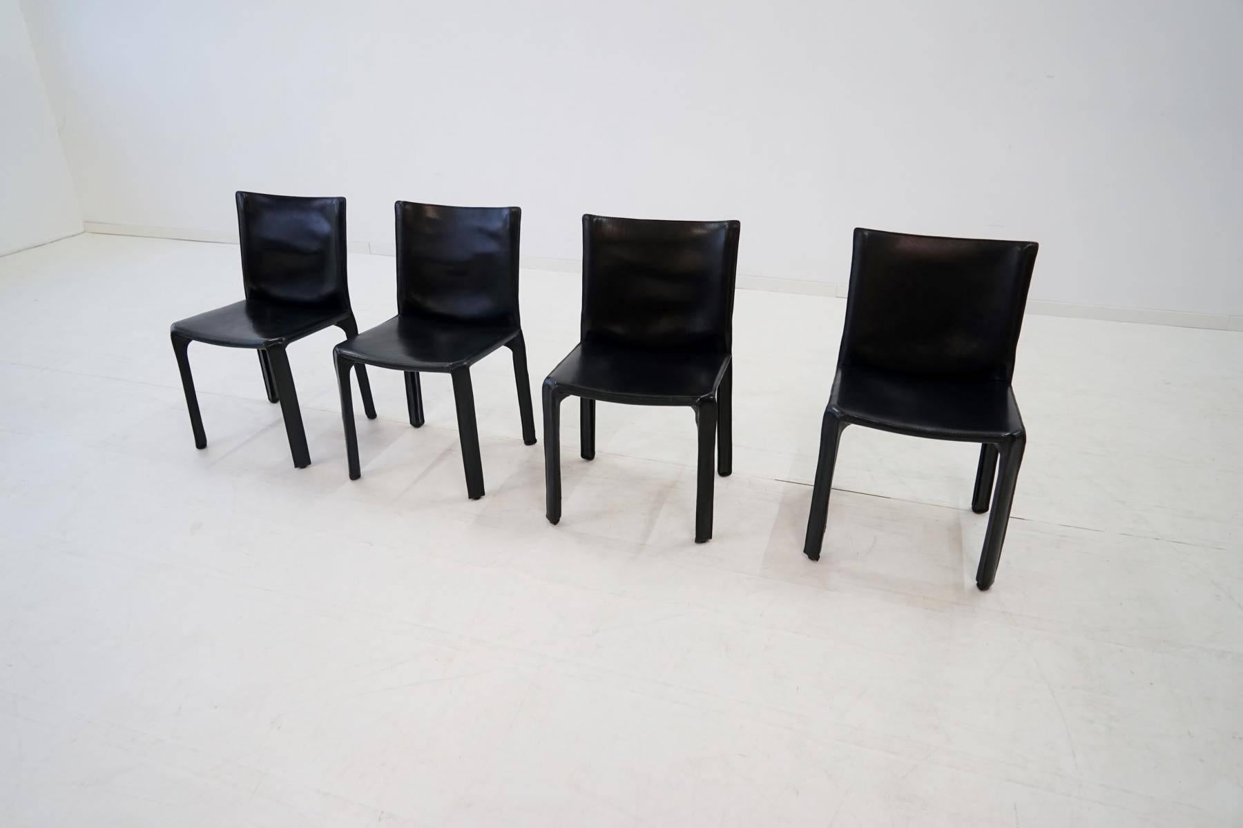 Set of Four Leather Chair 412 CAB Chairs by Mario Bellini for Cassina 1