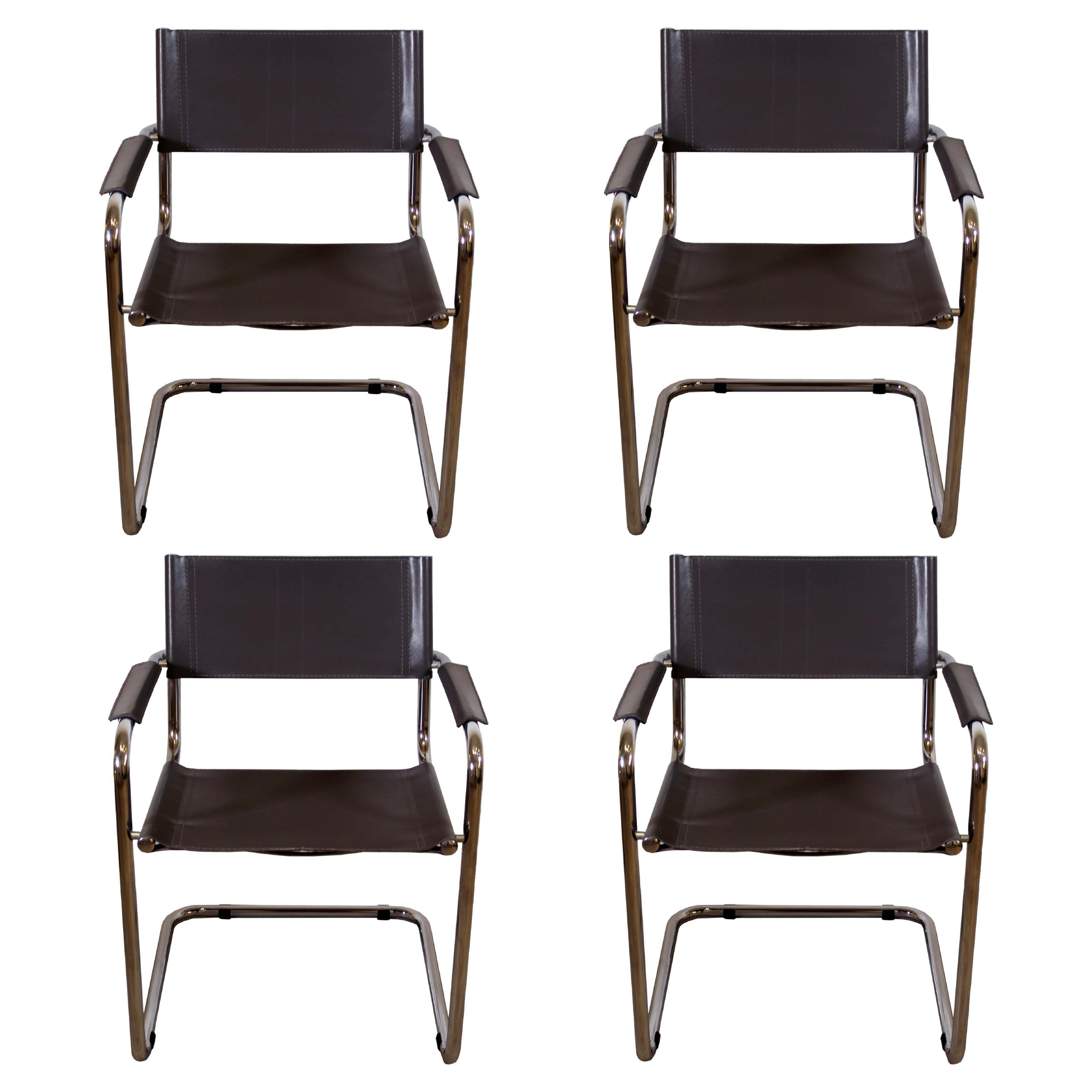 Set of 4 Leather & Chrome Cantilever Directors Style Breuer Chairs Made in Italy For Sale