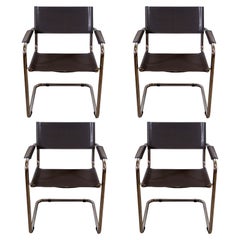 Set of 4 Leather & Chrome Cantilever Directors Style Breuer Chairs Made in Italy