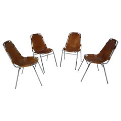 Set of 4 Leather 'Les Arcs' Chairs Selected Charlotte Perriand, 1970s, France
