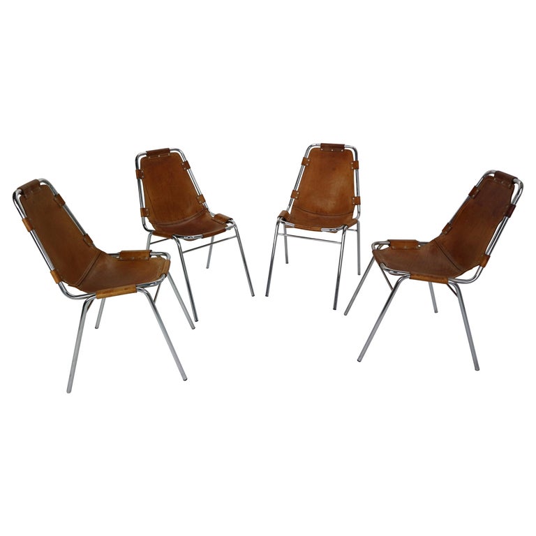Set of 4 Leather 'Les Arcs' Chairs Selected Charlotte Perriand, 1970s, France 1