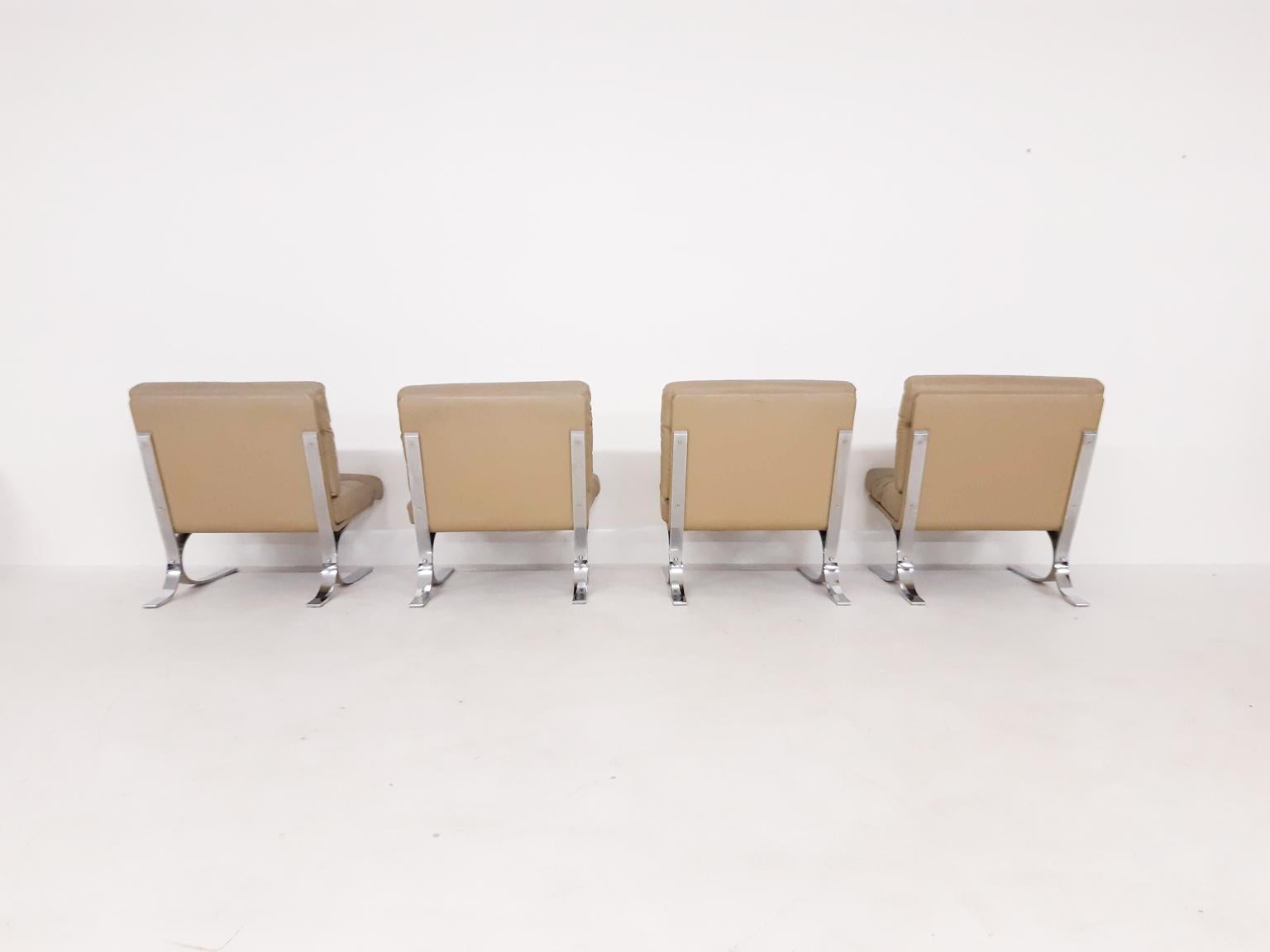 Mid-Century Modern Set of 4 Leather Lounge Chairs Attributed to Paul Tuttle for Strässle, 1970s