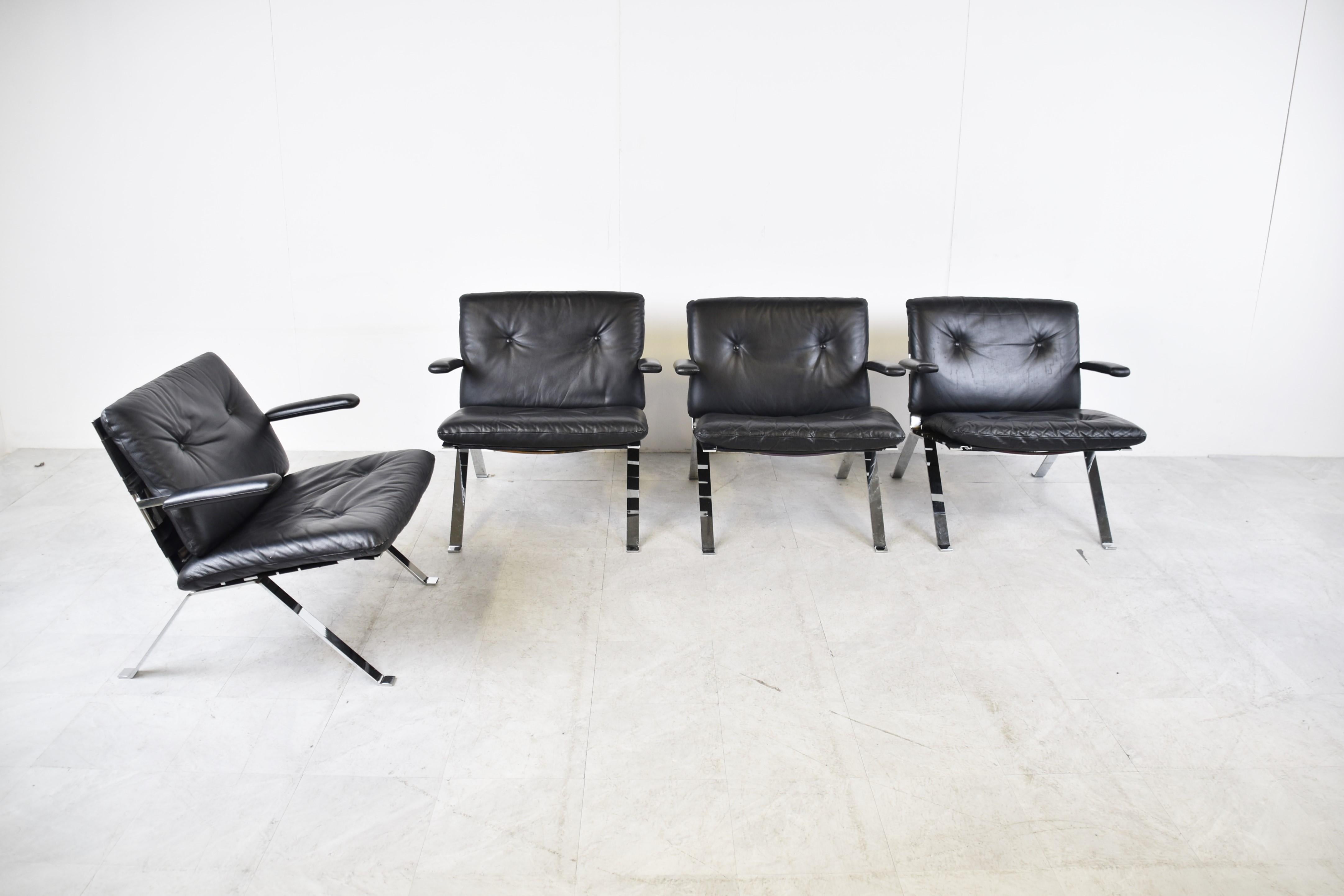 Set of 4 Leather Lounge Chairs Model 1600 by Hans Eichenberger for Girsberg.

Leather seats, amrests and backrests and a chromed steel frame.

Very comfortable lounge chairs with a timeless design.

1960s - Switzerland

Very good