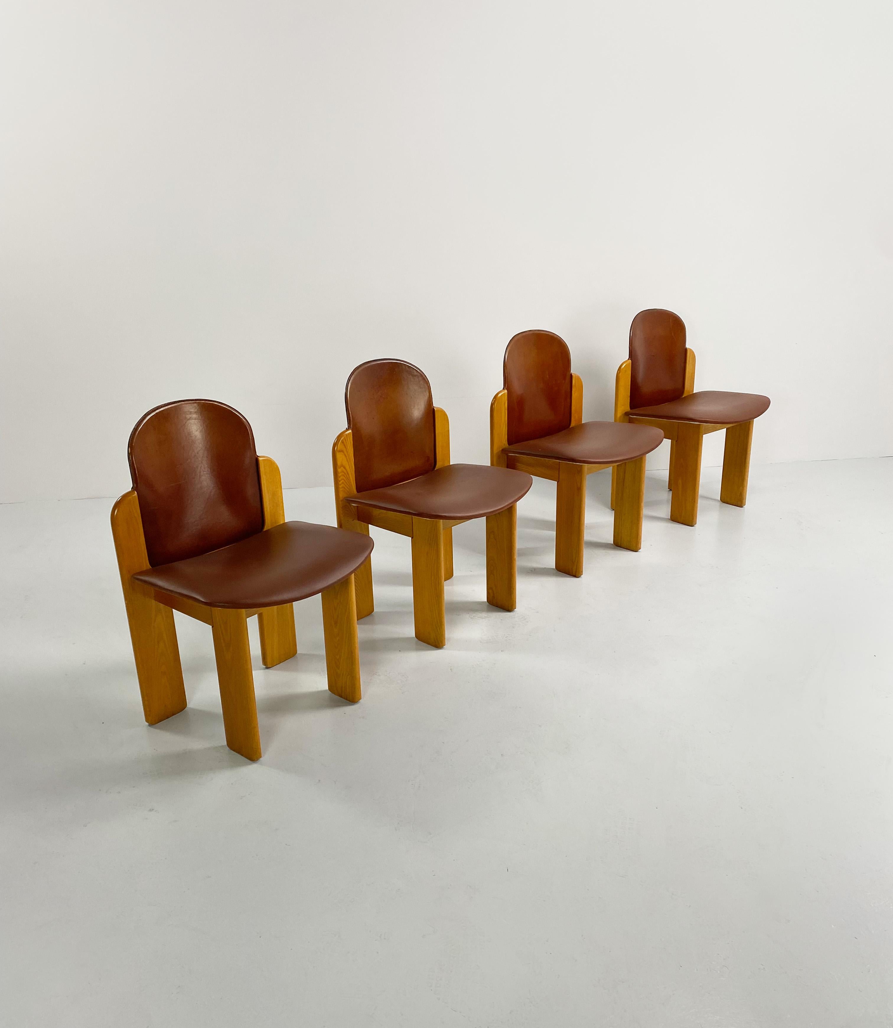 Mid-Century Modern Set of 4 Leather Model 330 Dining Chairs by Silvio Coppola, Italy, c.1970