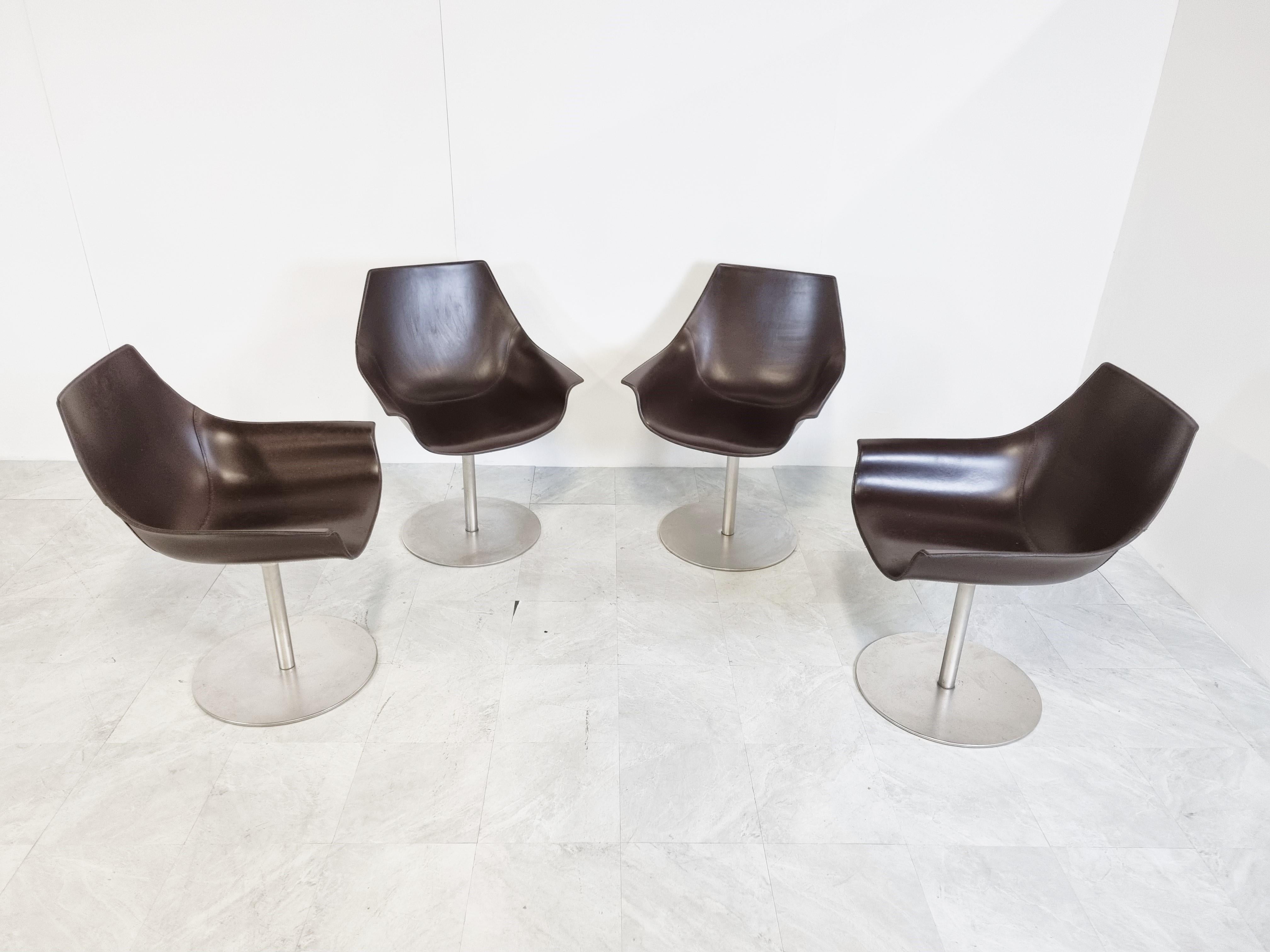 Italian Set of 4 Leather Swivel Chairs by La Palma Italy, 2000s