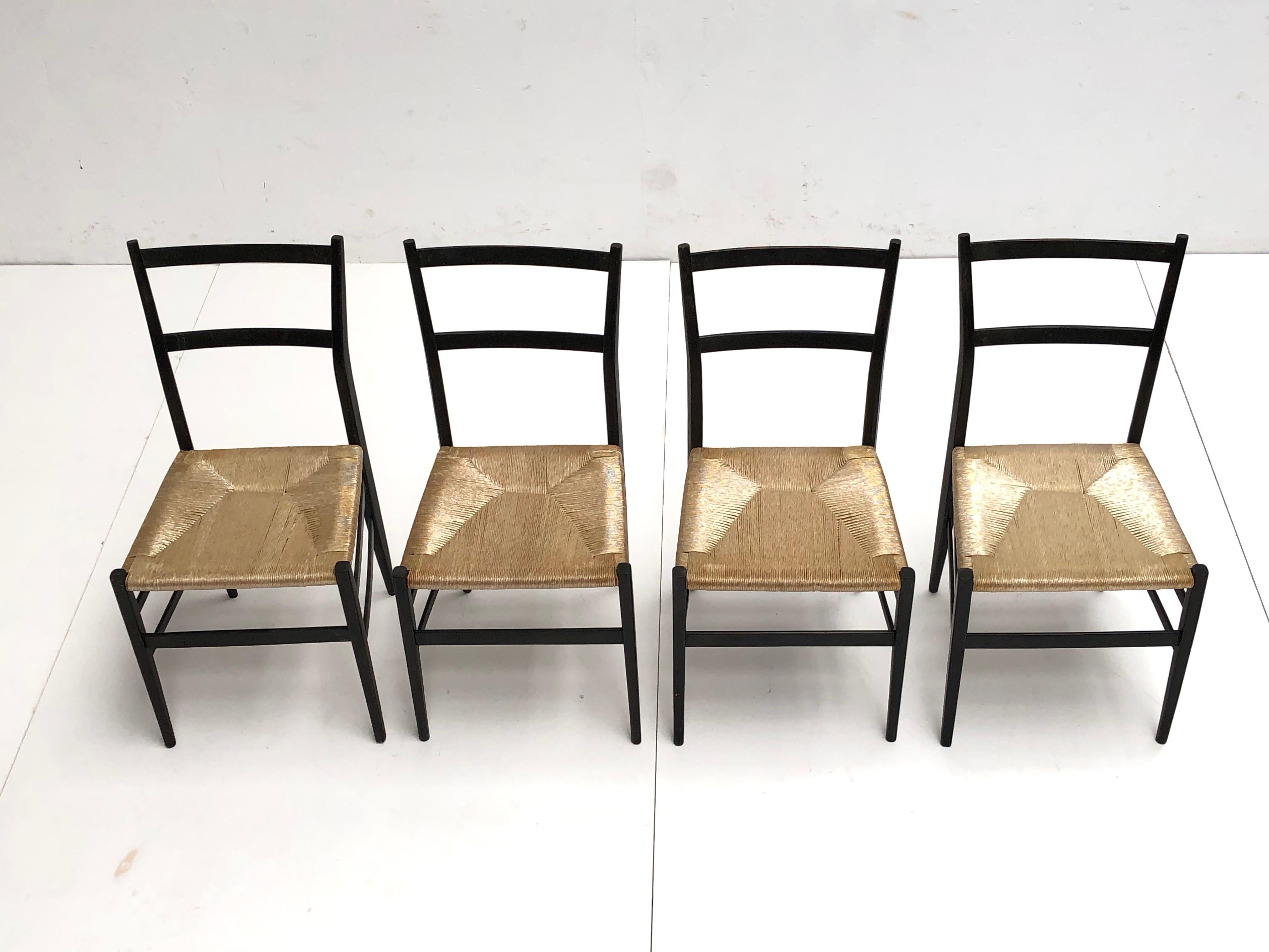 Set of 4 Leggera Black Ebonized Wooden Dining Chairs by Gio Ponti, Italy, 1950s 6