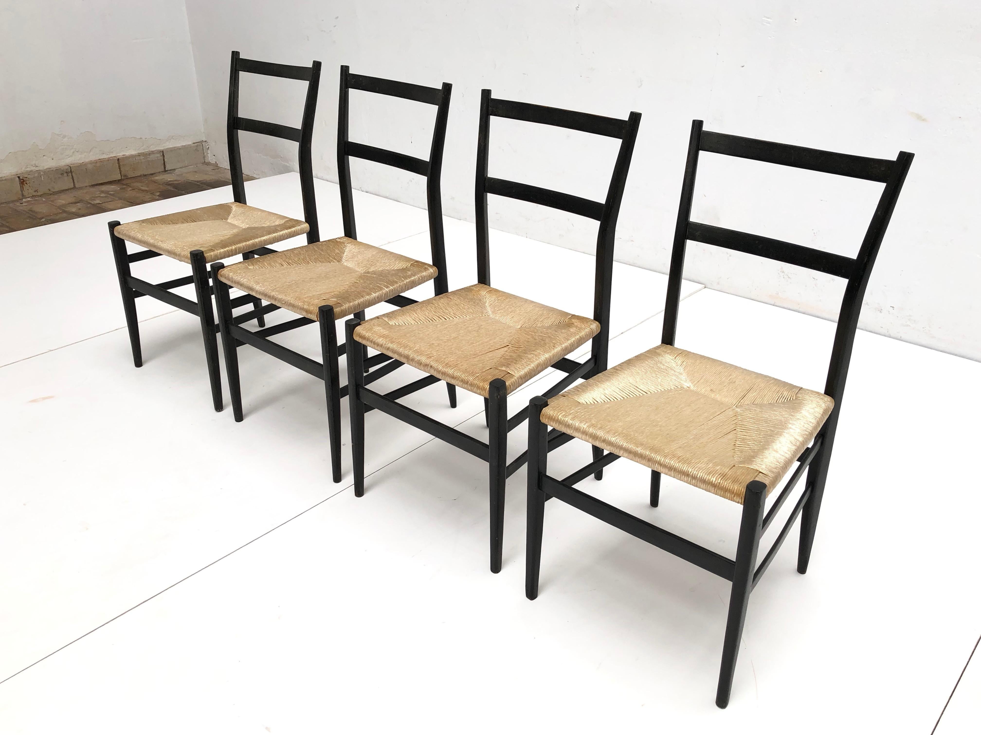 Mid-Century Modern Set of 4 Leggera Black Ebonized Wooden Dining Chairs by Gio Ponti, Italy, 1950s