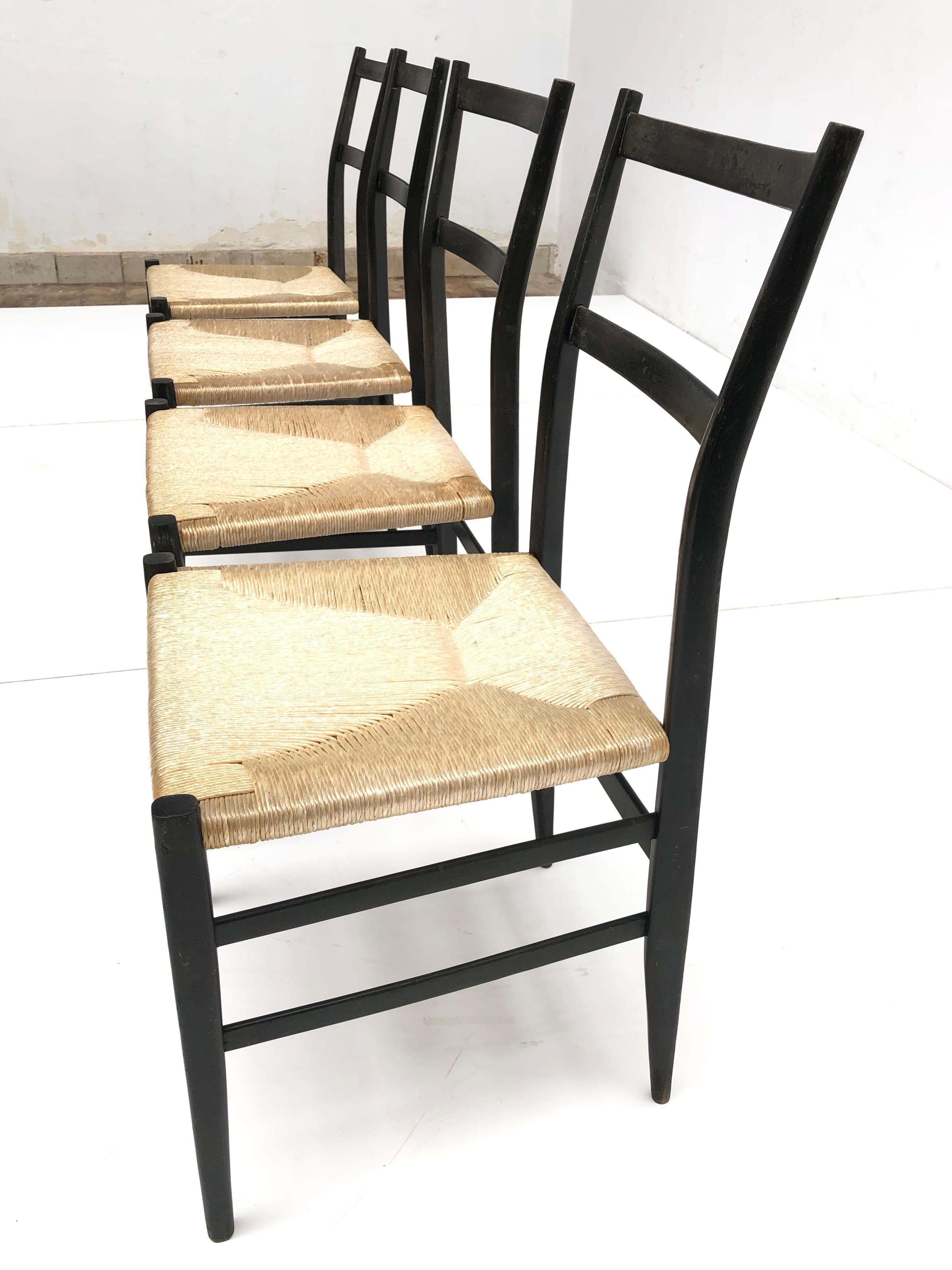 Set of 4 Leggera Black Ebonized Wooden Dining Chairs by Gio Ponti, Italy, 1950s 2