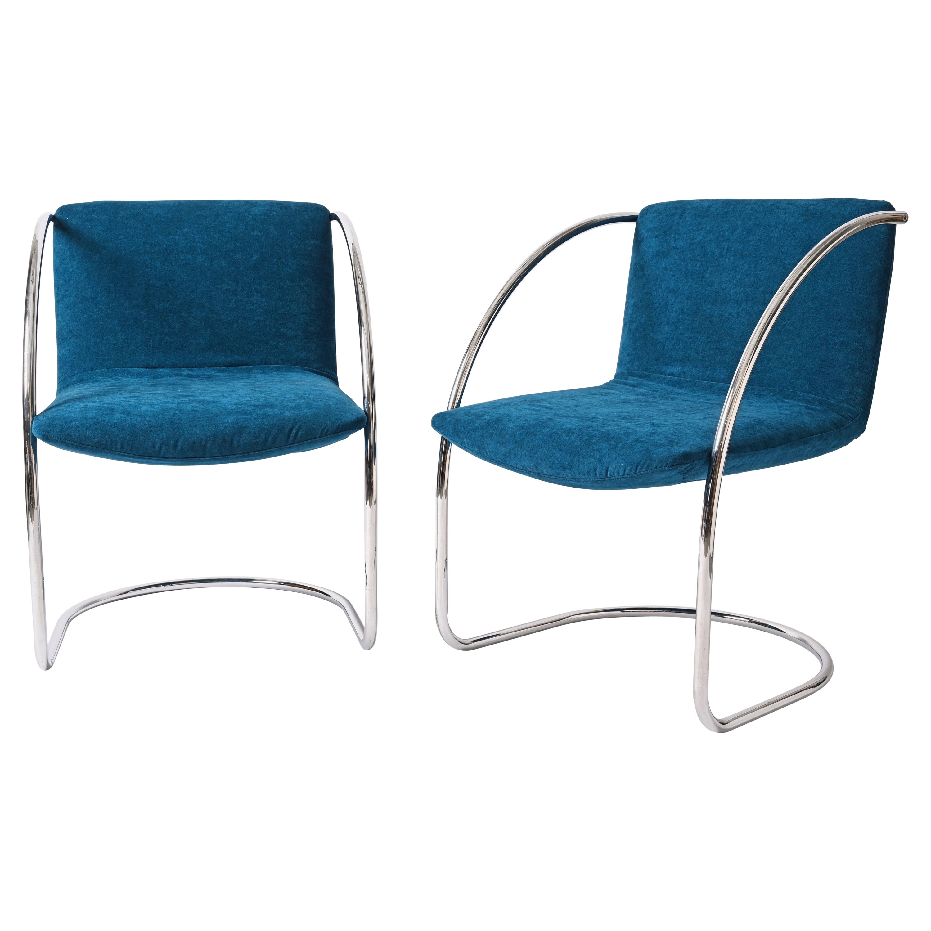 Ensemble de 4 chaises « lins » de G. Offredi, en velours bleu et chrome, Saporiti, Italie 1968 en vente