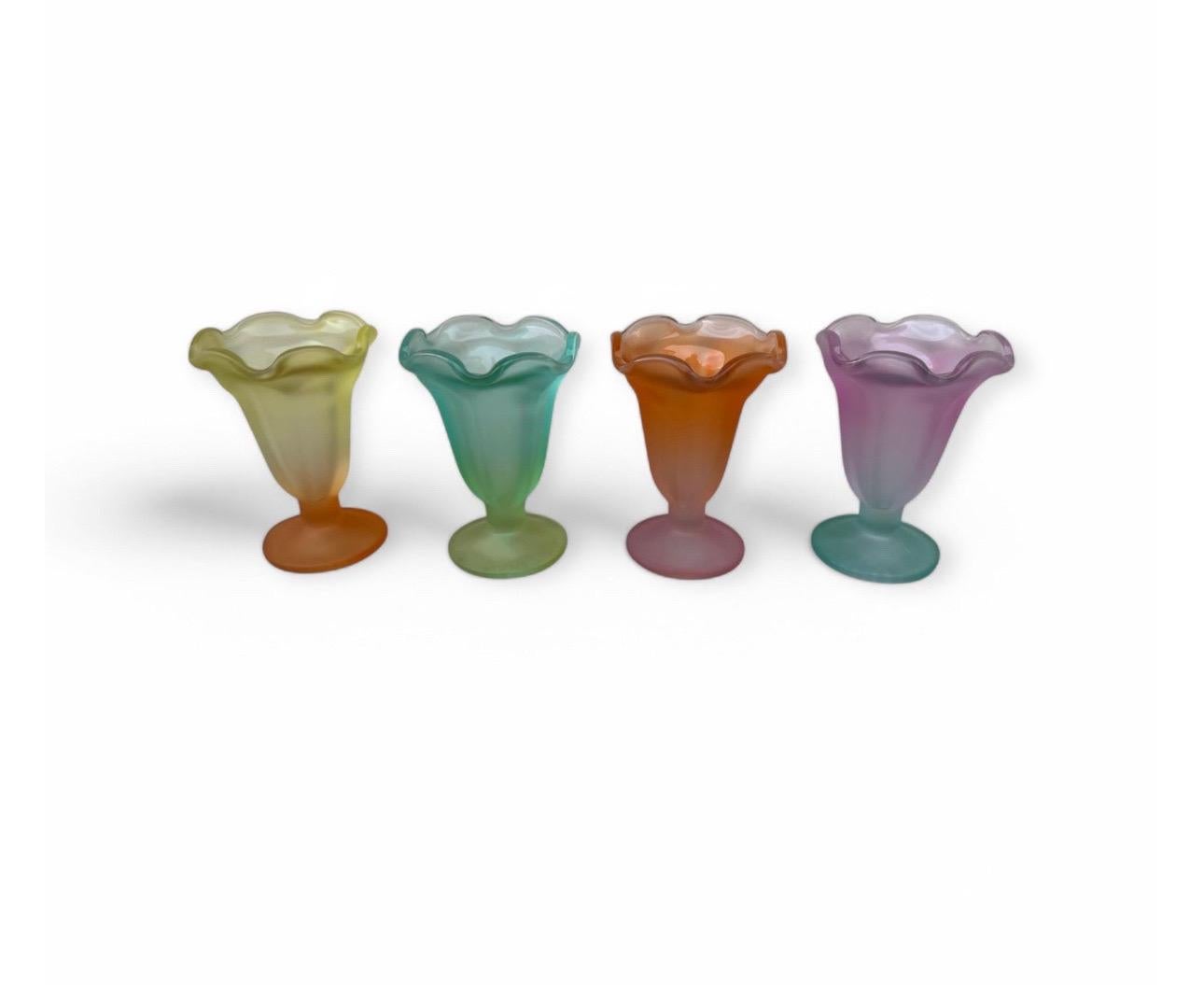 Set of 4 Libbey Ka-Ding Frosted Glass Dessert Cups, Mid-Century Pastel Colors For Sale 4