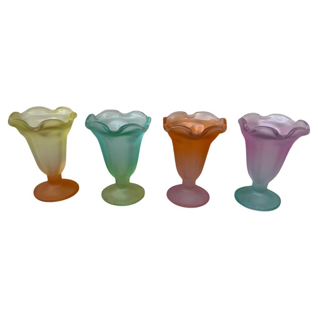 Set of 4 Libbey Ka-Ding Frosted Glass Dessert Cups, Mid-Century Pastel Colors For Sale