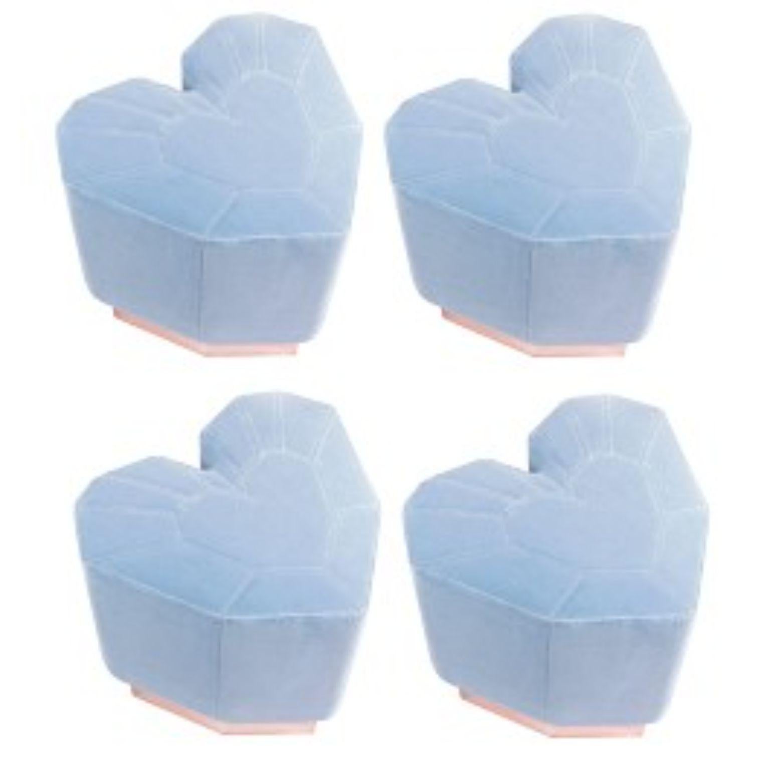 Set of 4 light blue queen heart stools by Royal Stranger
Dimensions: 46 x 49 x 43 cm 
Different upholstery colors and finishes are available. Brass, Copper or Stainless Steel in polished or brushed finish.
Materials: Velvet heart shape upholstery