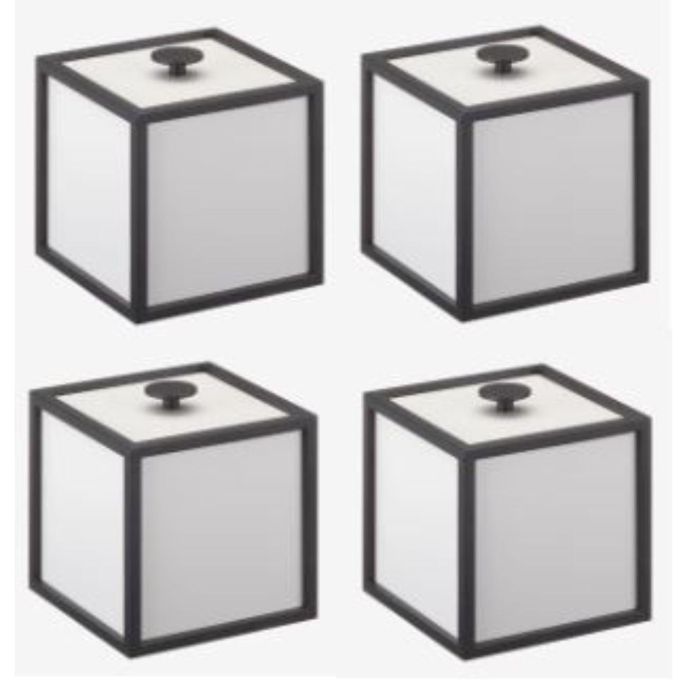Set of 4 light grey frame 10 box by Lassen
Dimensions: d 10 x w 10 x h 10 cm 
Materials: Finér, Melamin, Melamine, Metal, Veneer
Weight: 0.85 Kg

Frame box is a square box in a cubistic shape. The simple boxes are inspired by the Kubus