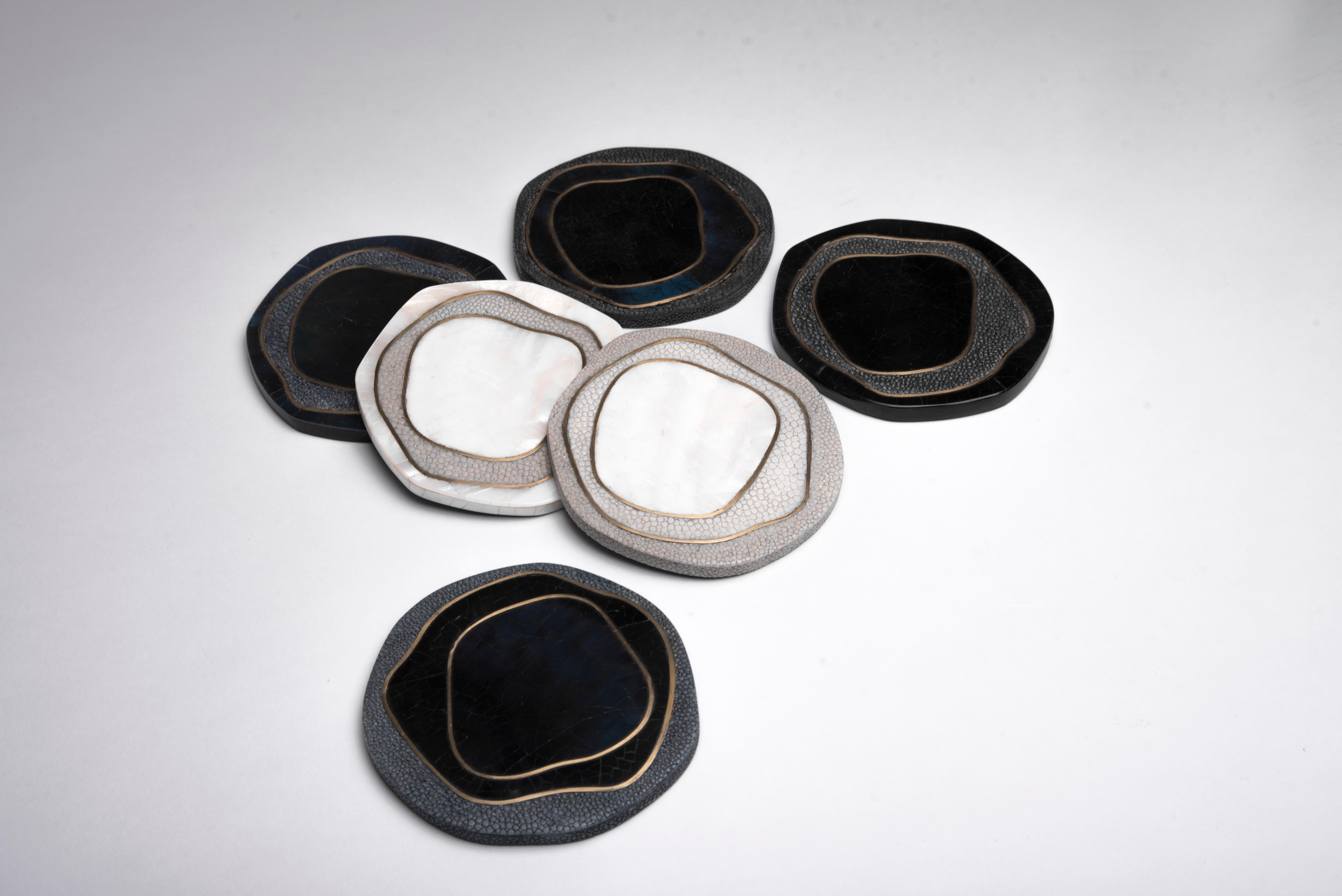 Set of 4 Lily Coasters Inlaid in Black Shagreen and Brass by R&Y Augousti 6