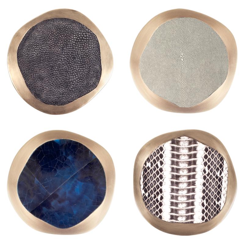 Set of 4 Lily Coasters Inlaid in Black Shagreen and Brass by R&Y Augousti