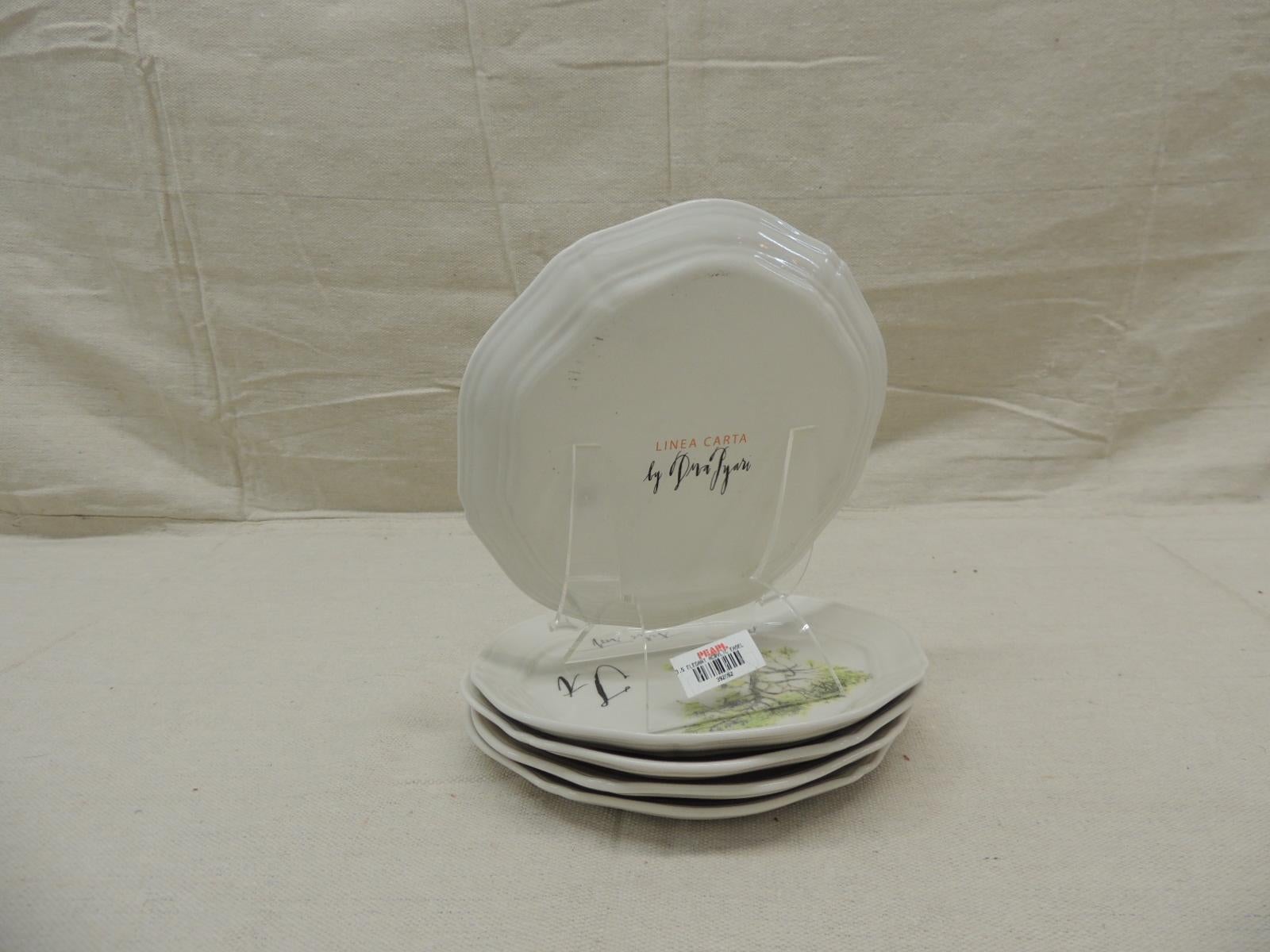 Set of (4) Linea Carta by Diva Pyari plates “T” dessert plates
for anthropology stores.
Size: 6.5” D.
 