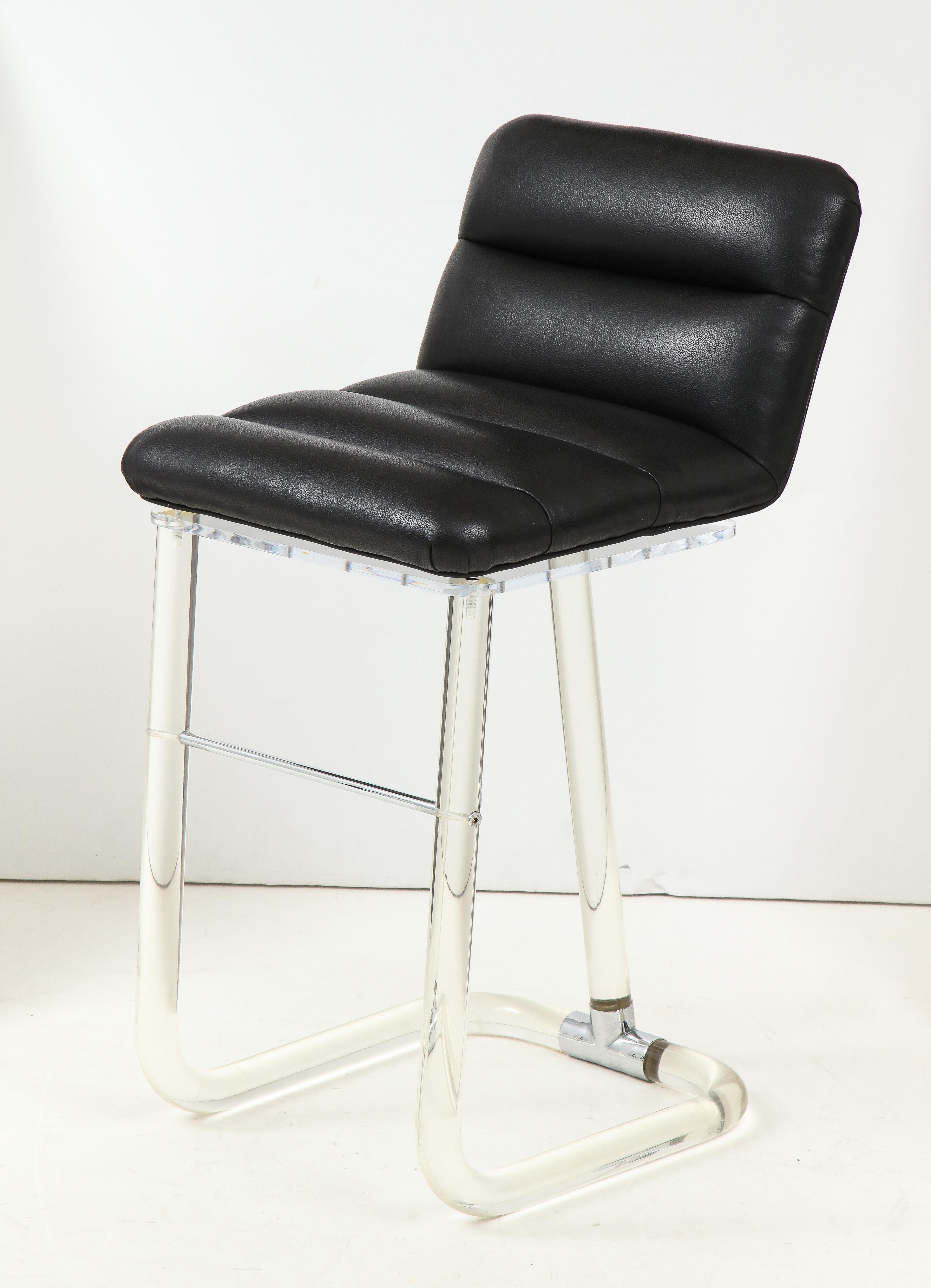 American Set of 4 Mid-Century Lucite and Black Leather Upholstered Stools