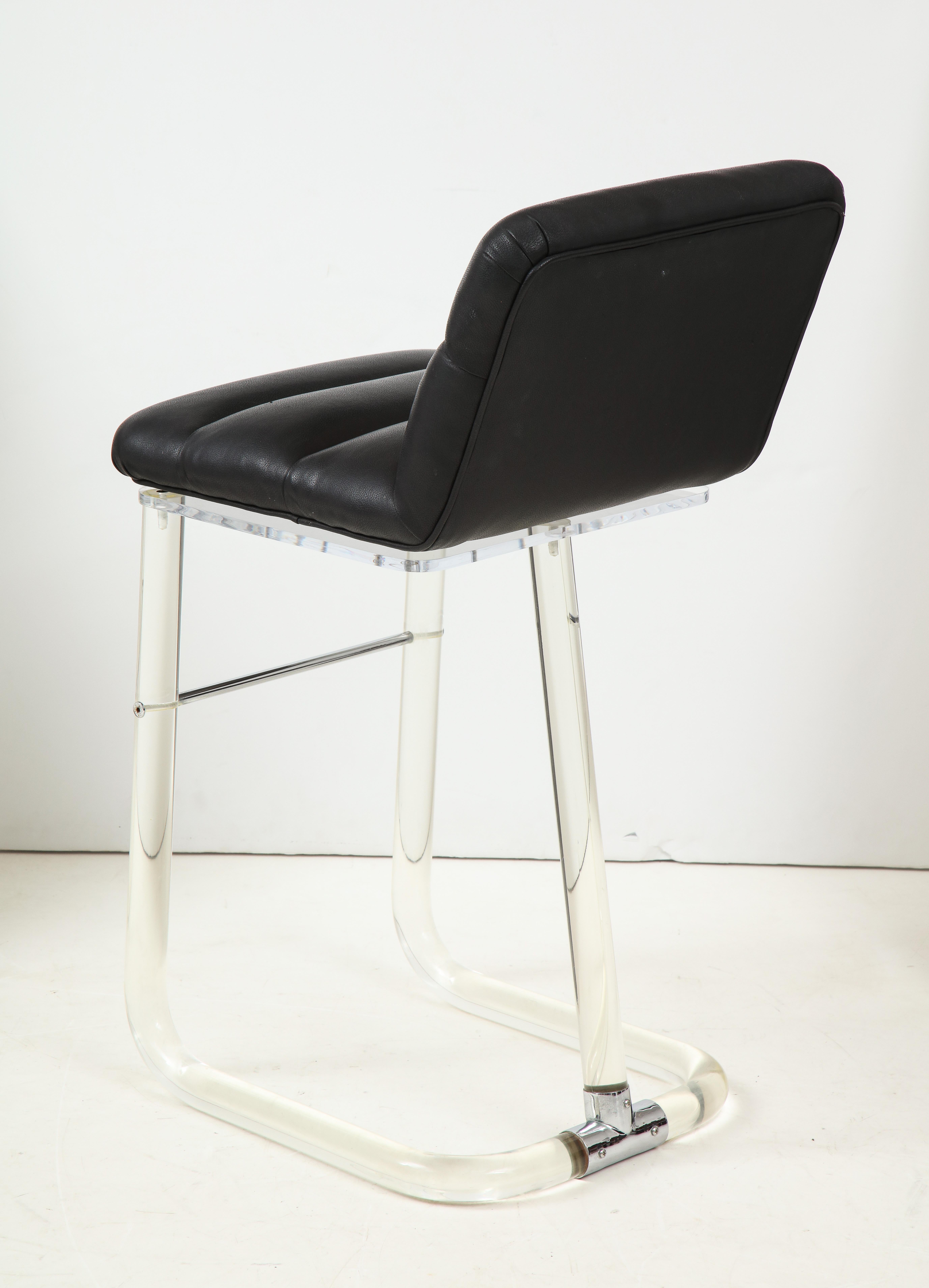 Late 20th Century Set of 4 Mid-Century Lucite and Black Leather Upholstered Stools For Sale