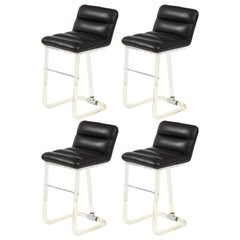 Vintage Set of 4 Mid-Century Lucite and Black Leather Upholstered Stools