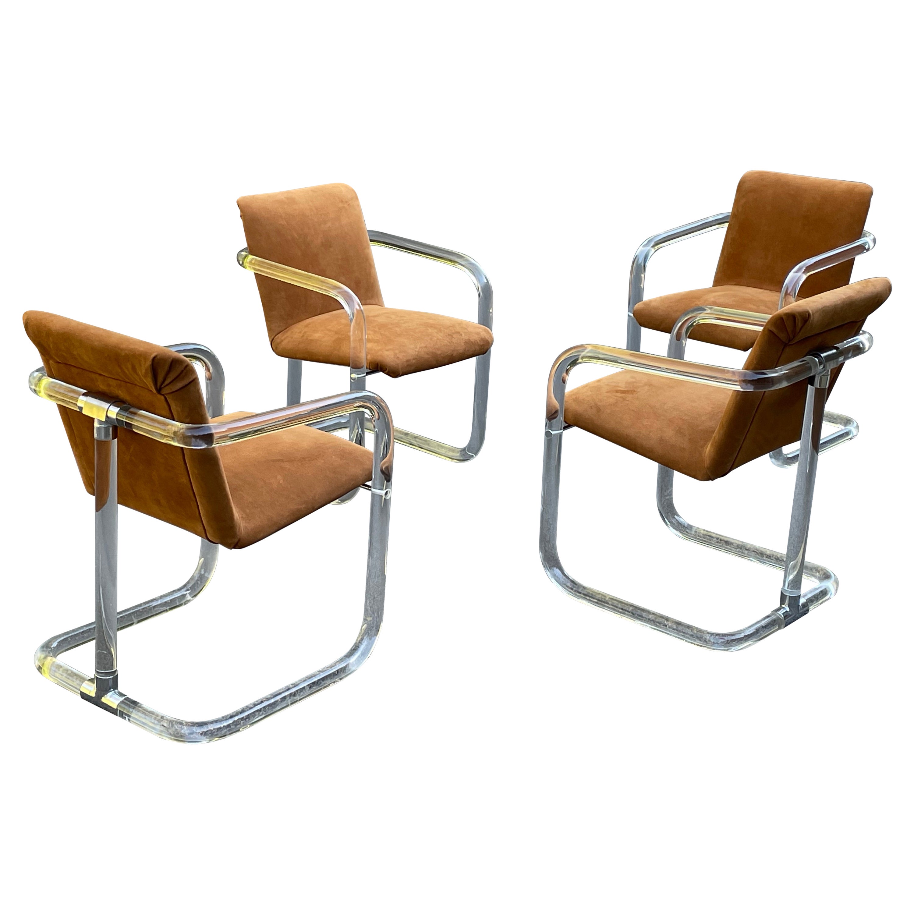Mid-Century Modern Set of 4 Lion in Frost Lucite & Suede Dining Chairs, Circa 1970s