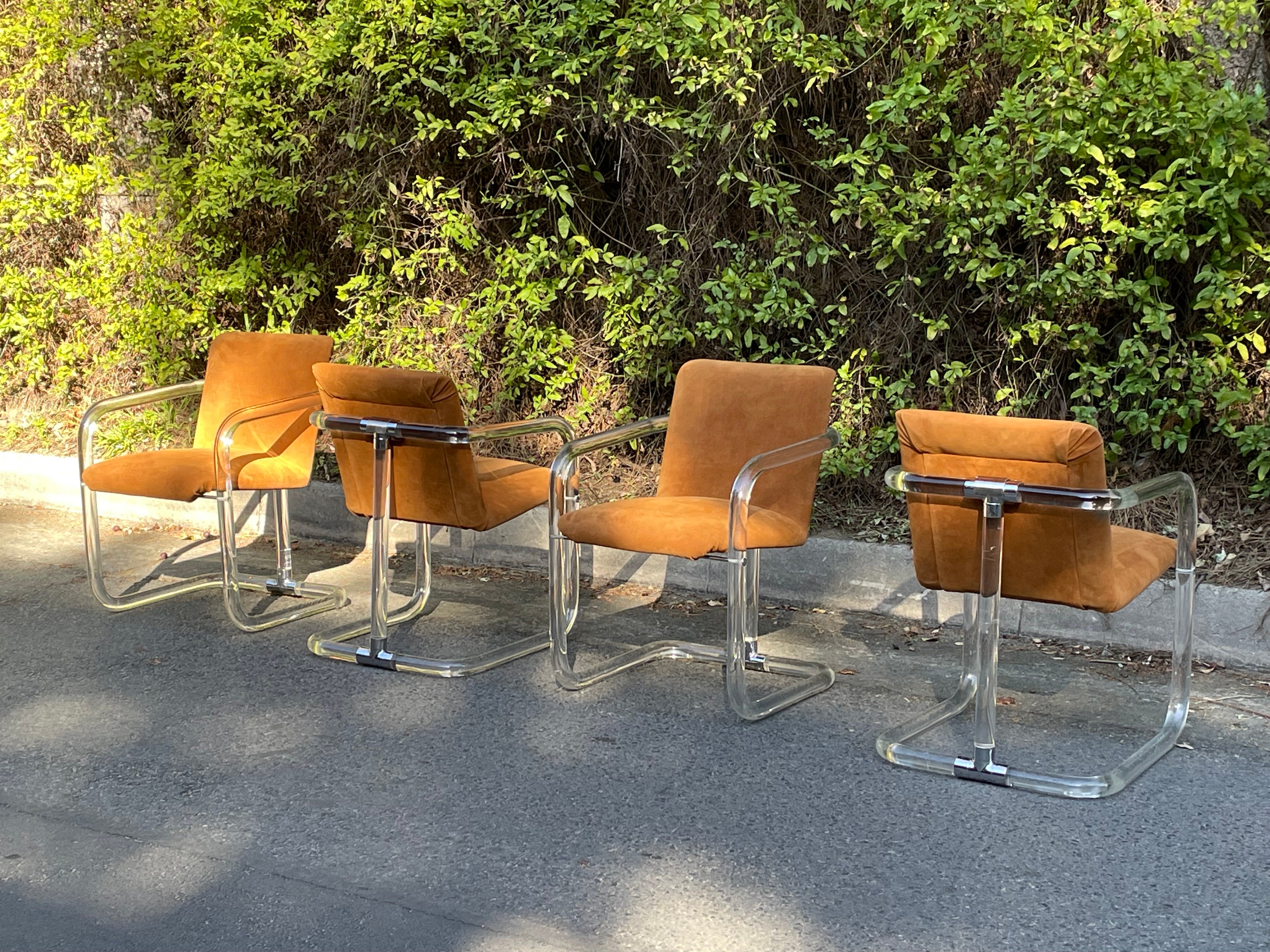 Mid-Century Modern Set of 4 Lion in Frost Lucite & Suede Dining Chairs, Circa 1970s For Sale