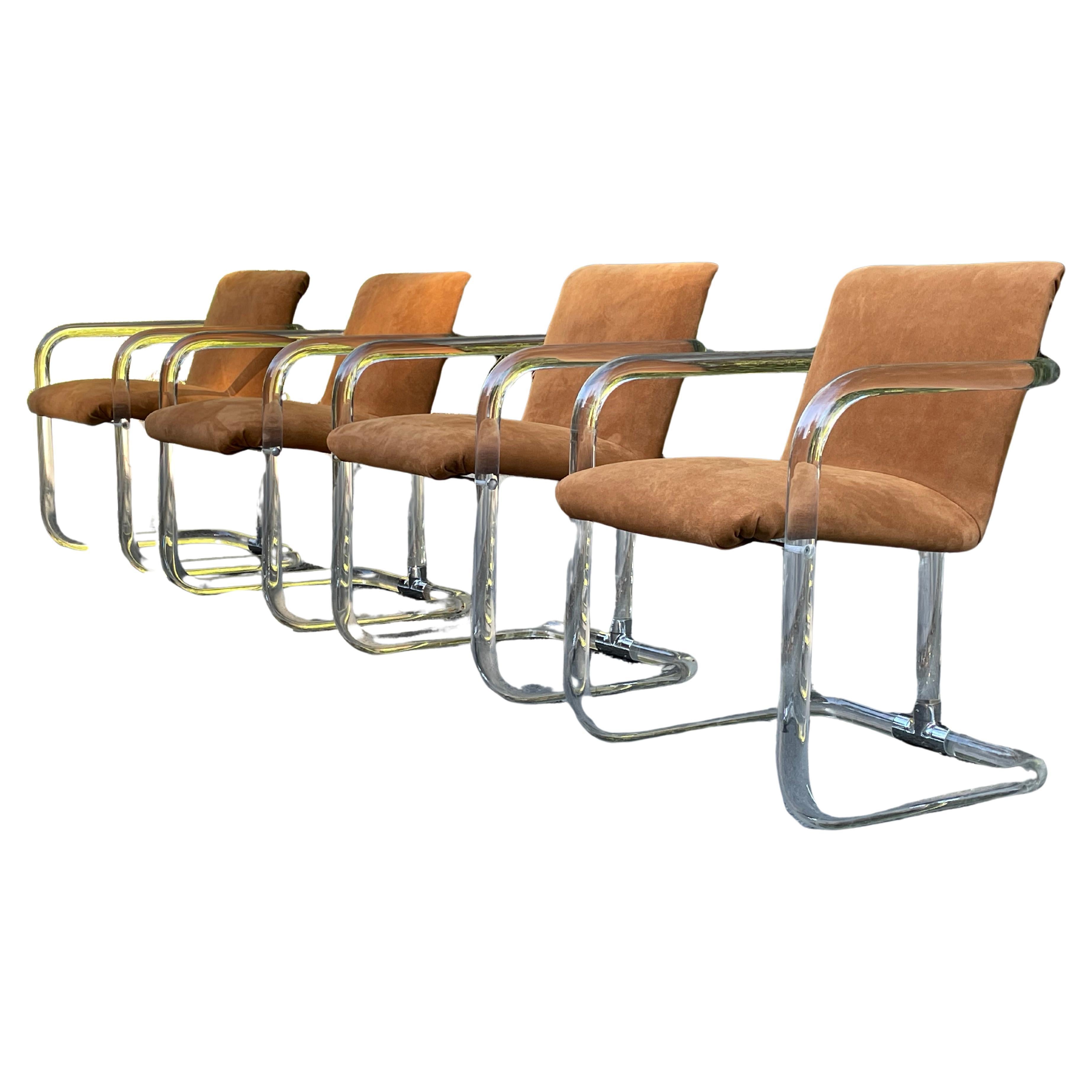 American Set of 4 Lion in Frost Lucite & Suede Dining Chairs, Circa 1970s