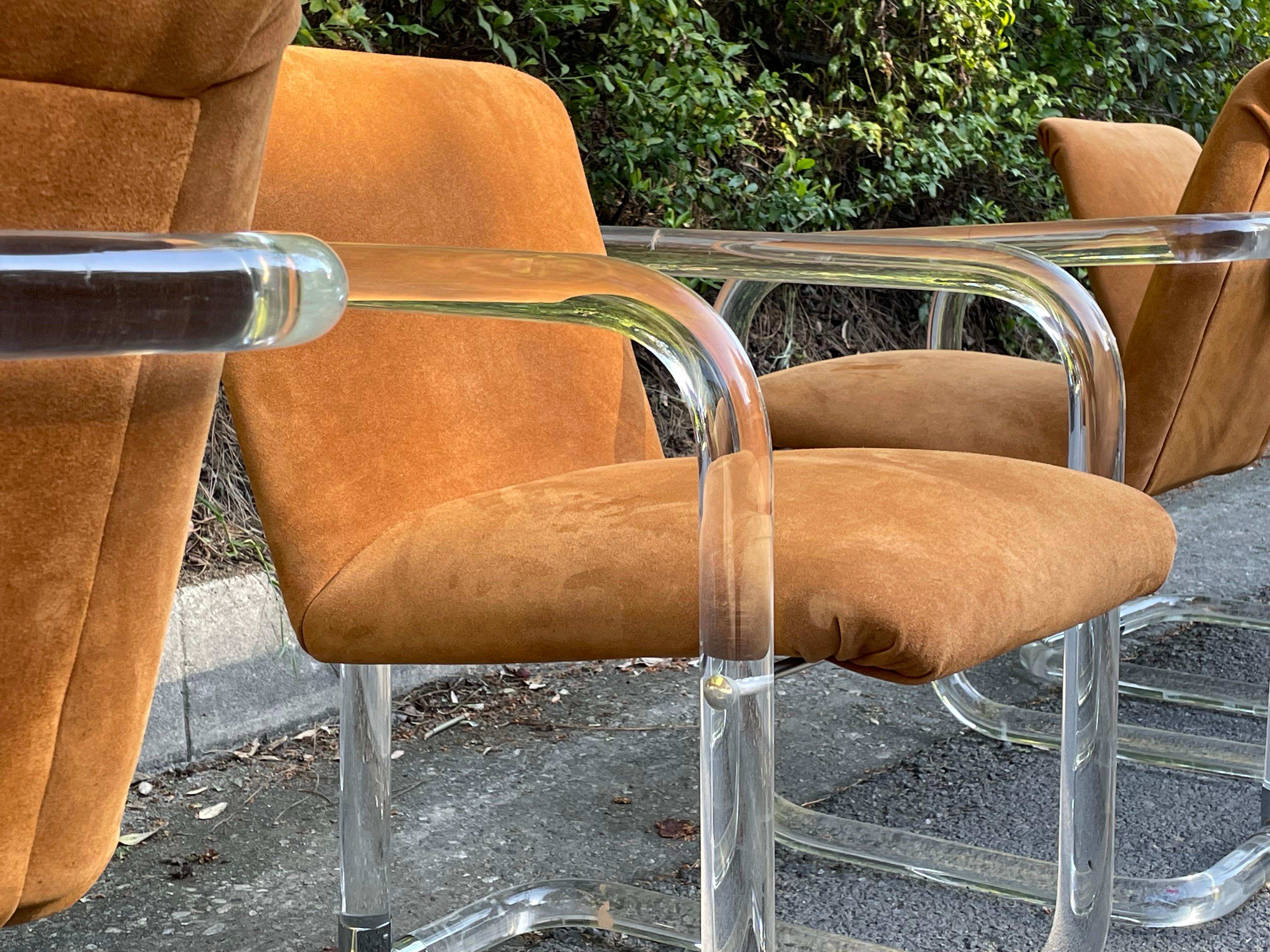 Set of 4 Lion in Frost Lucite & Suede Dining Chairs, Circa 1970s In Good Condition For Sale In Los Angeles, CA