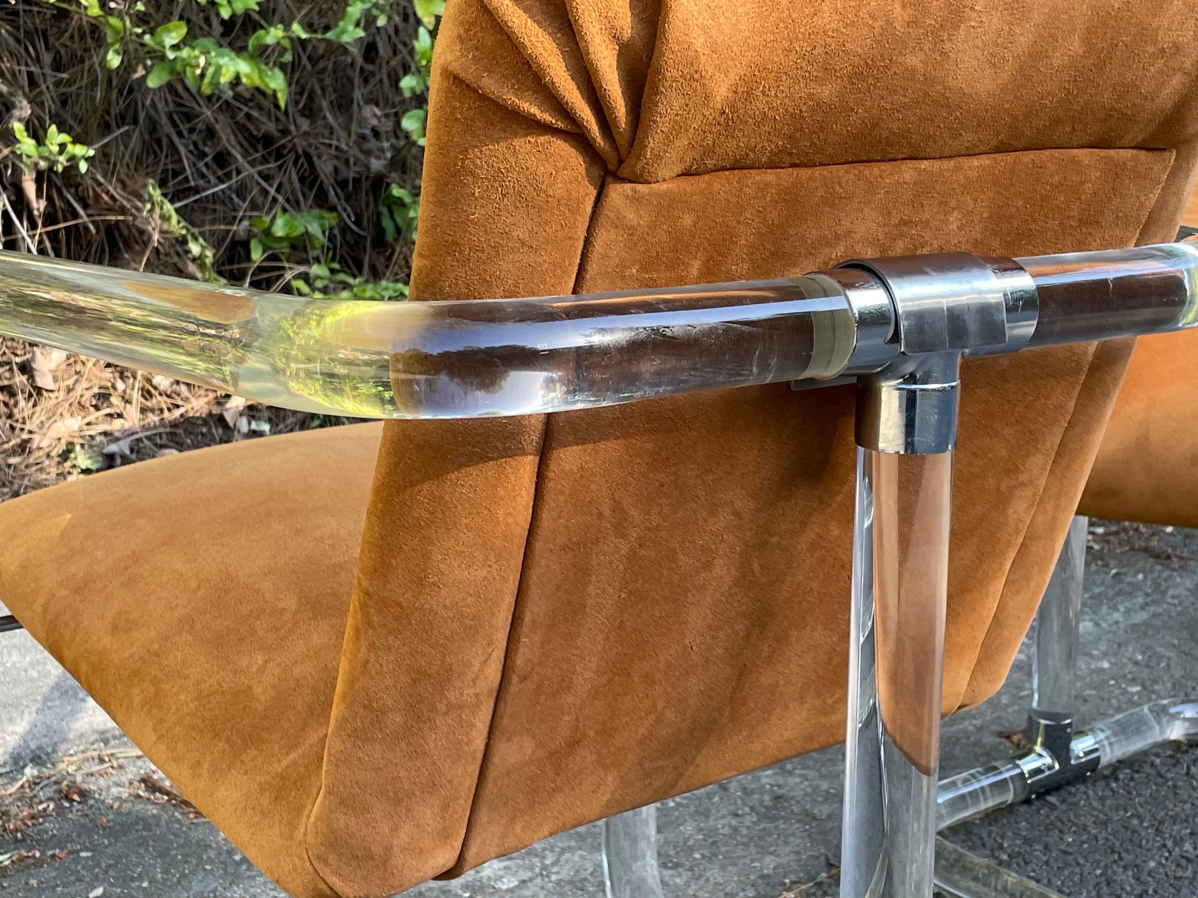Chrome Set of 4 Lion in Frost Lucite & Suede Dining Chairs, Circa 1970s
