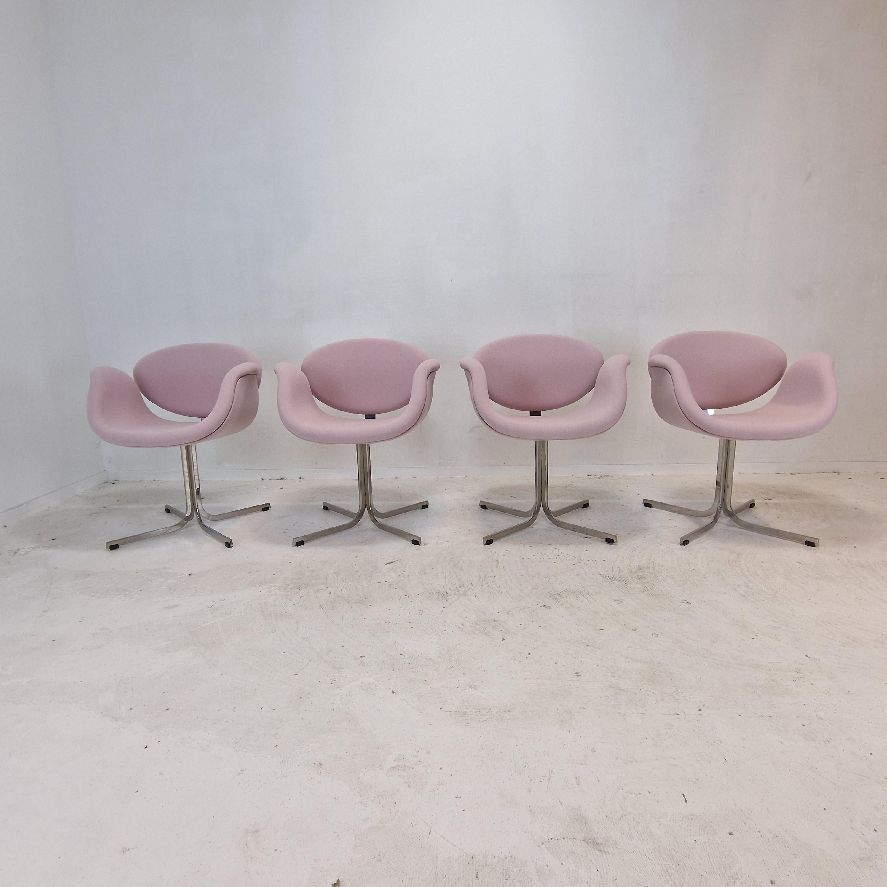 Set of 4 Little Tulip Armchairs.
These cute and very comfortable armchairs are designed by the famous French designer Pierre Paulin in the 60's. 
They are produced by Artifort.

Very solid metal cross base with a wooden frame.
The chairs are