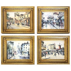 Set of 4 Lively Scenes of Paris in Giltwood Frames