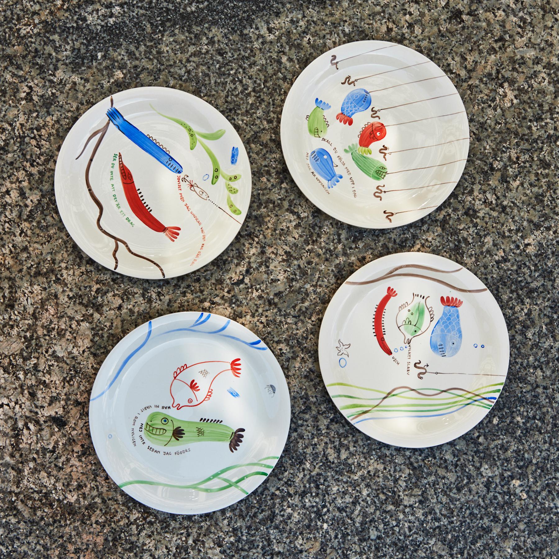Swedish Set of 4 Löja Earthenware Plates by Stig Lindberg For Sale