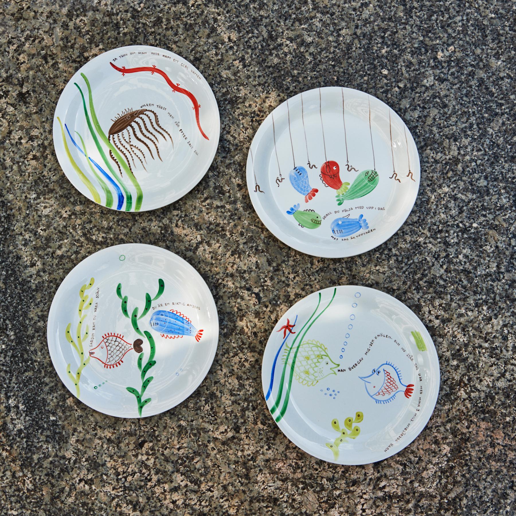 Swedish Set of 4 Löja Earthenware Plates by Stig Lindberg For Sale