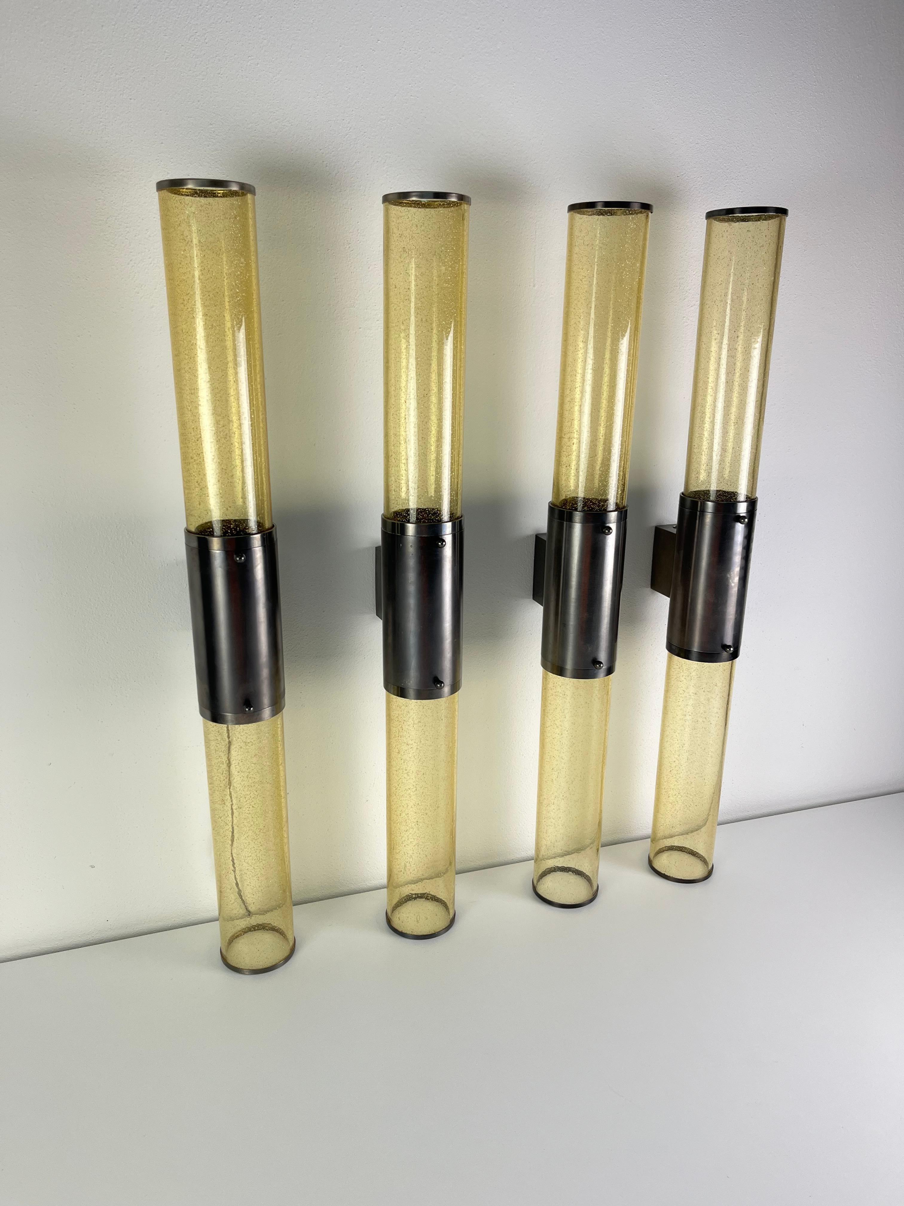 Satz von 4 langen, doppelflammigen Wandleuchten aus Muranoglas und Stahl, 1980er Jahre im Angebot 5