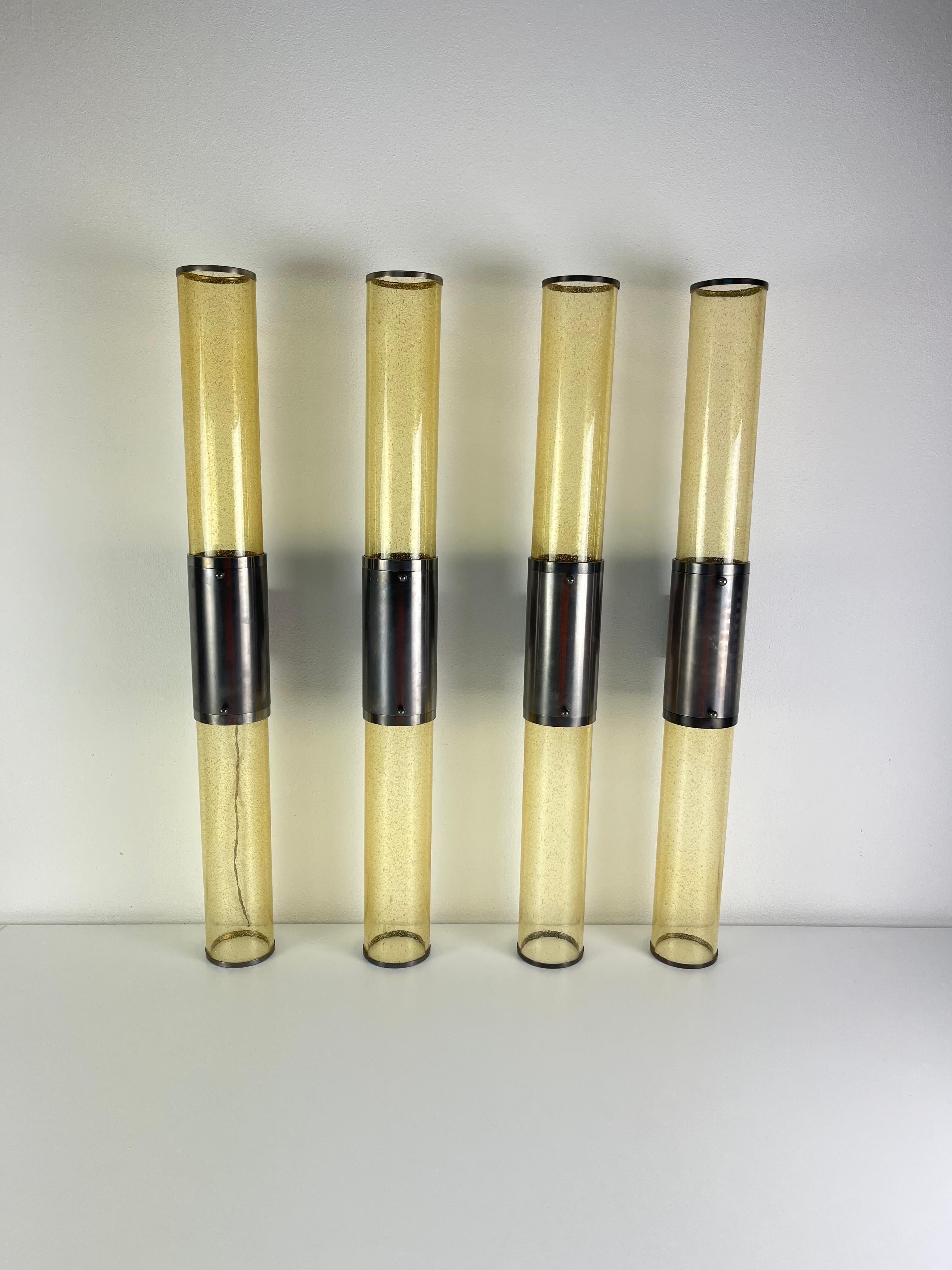 Satz von 4 langen, doppelflammigen Wandleuchten aus Muranoglas und Stahl, 1980er Jahre im Angebot 6