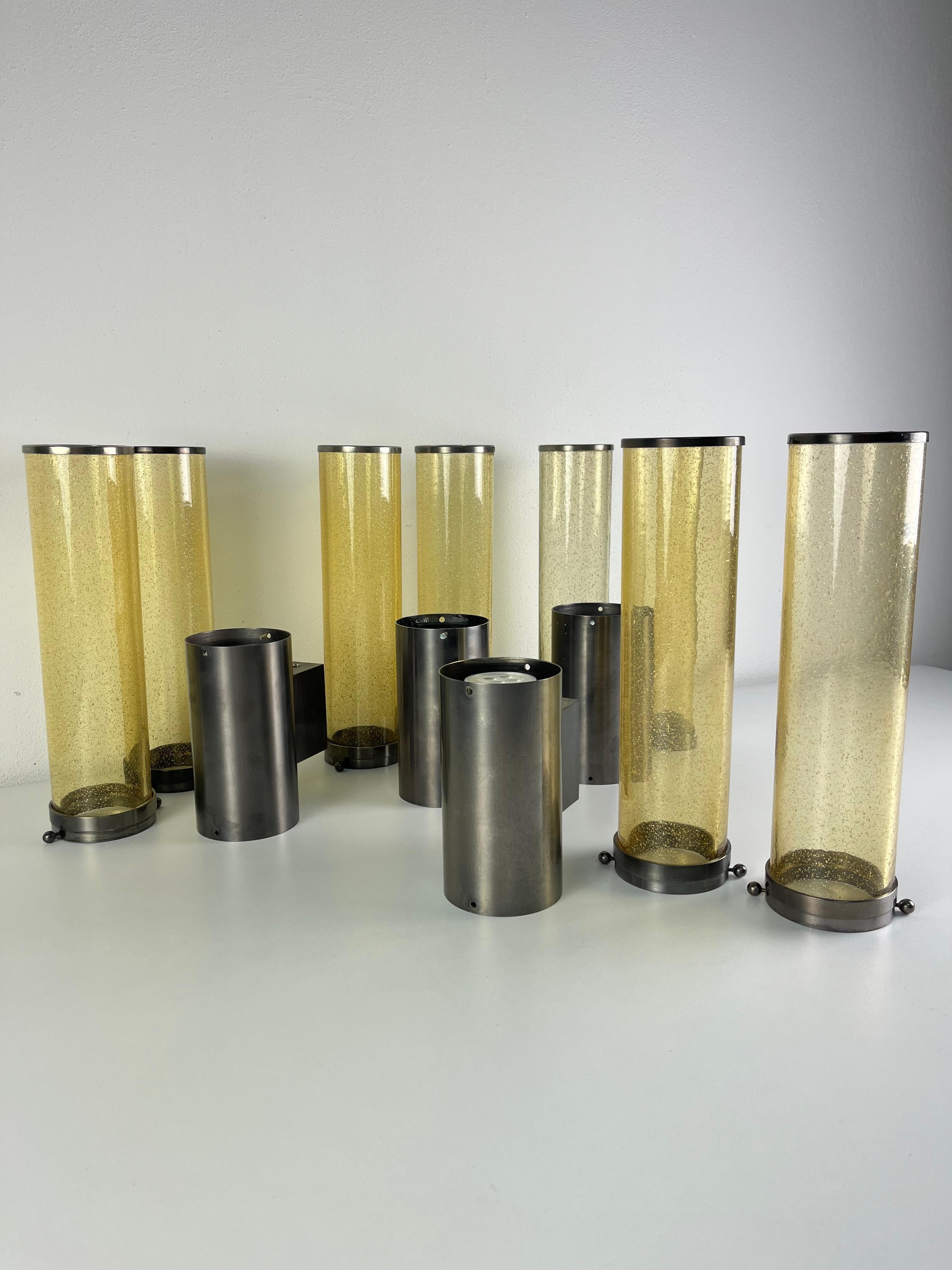 Satz von 4 langen, doppelflammigen Wandleuchten aus Muranoglas und Stahl, 1980er Jahre im Angebot 7