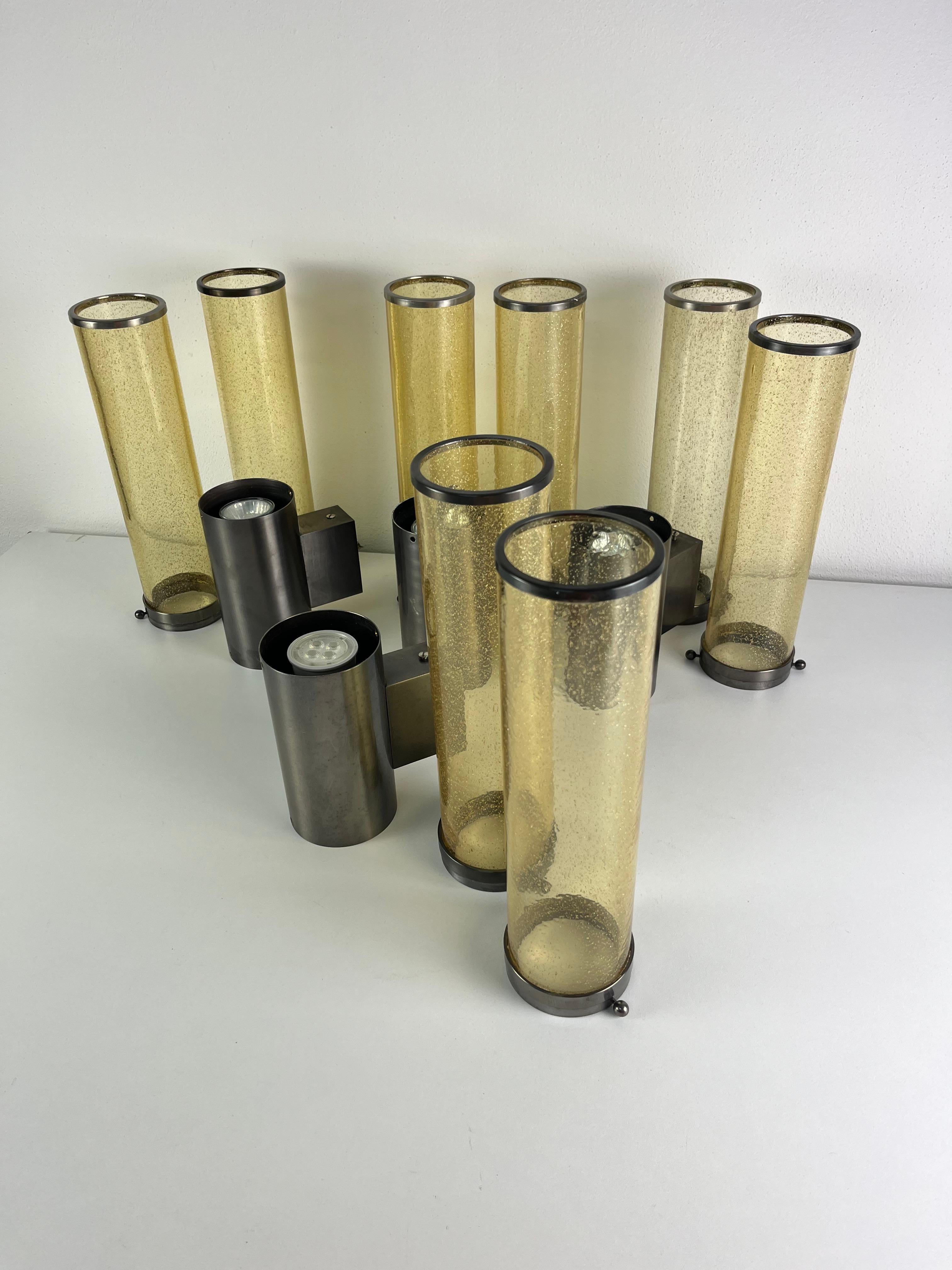 Satz von 4 langen, doppelflammigen Wandleuchten aus Muranoglas und Stahl, 1980er Jahre im Angebot 8