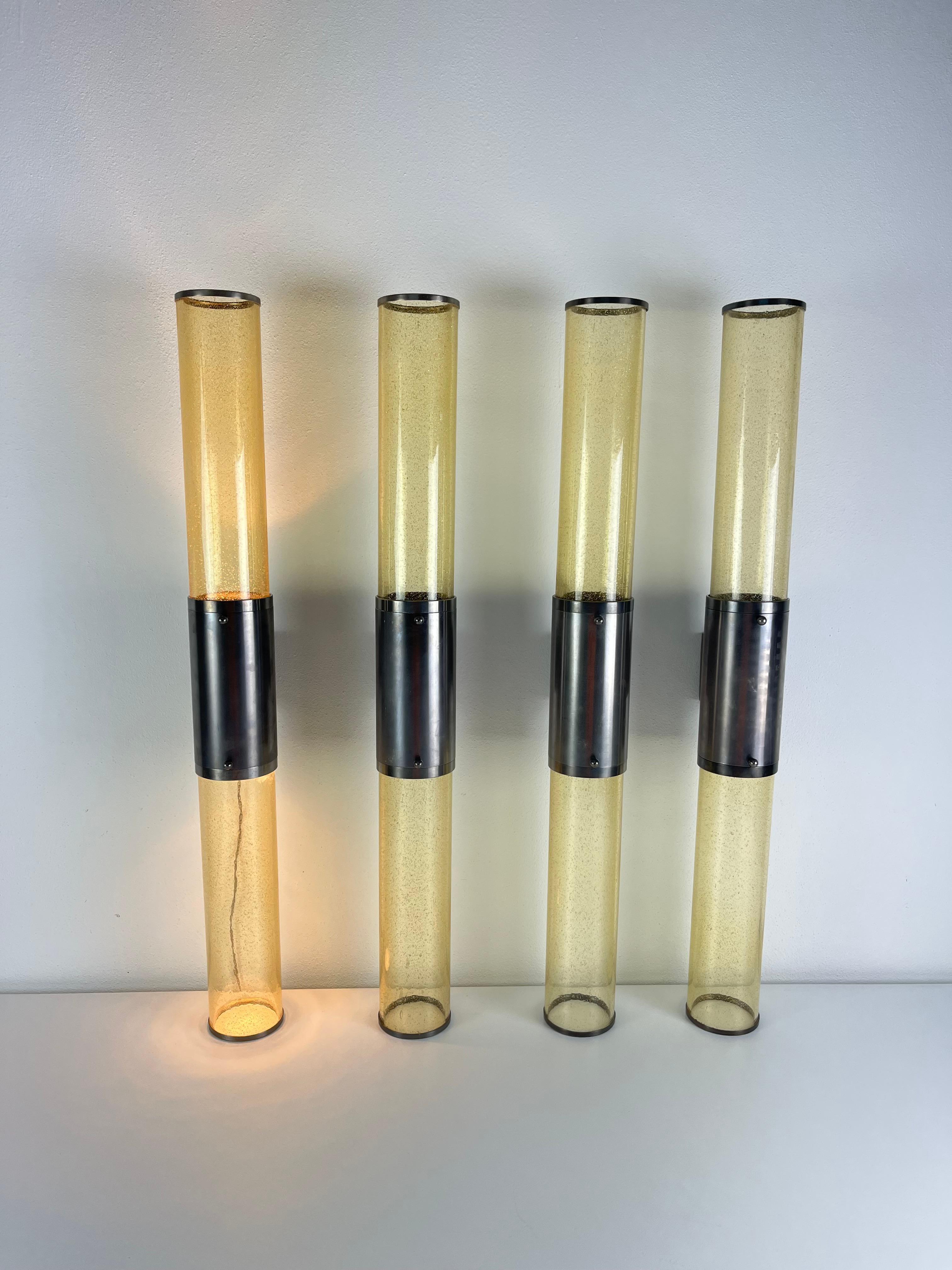 Satz von 4 langen, doppelflammigen Wandleuchten aus Muranoglas und Stahl, 1980er Jahre im Angebot 2