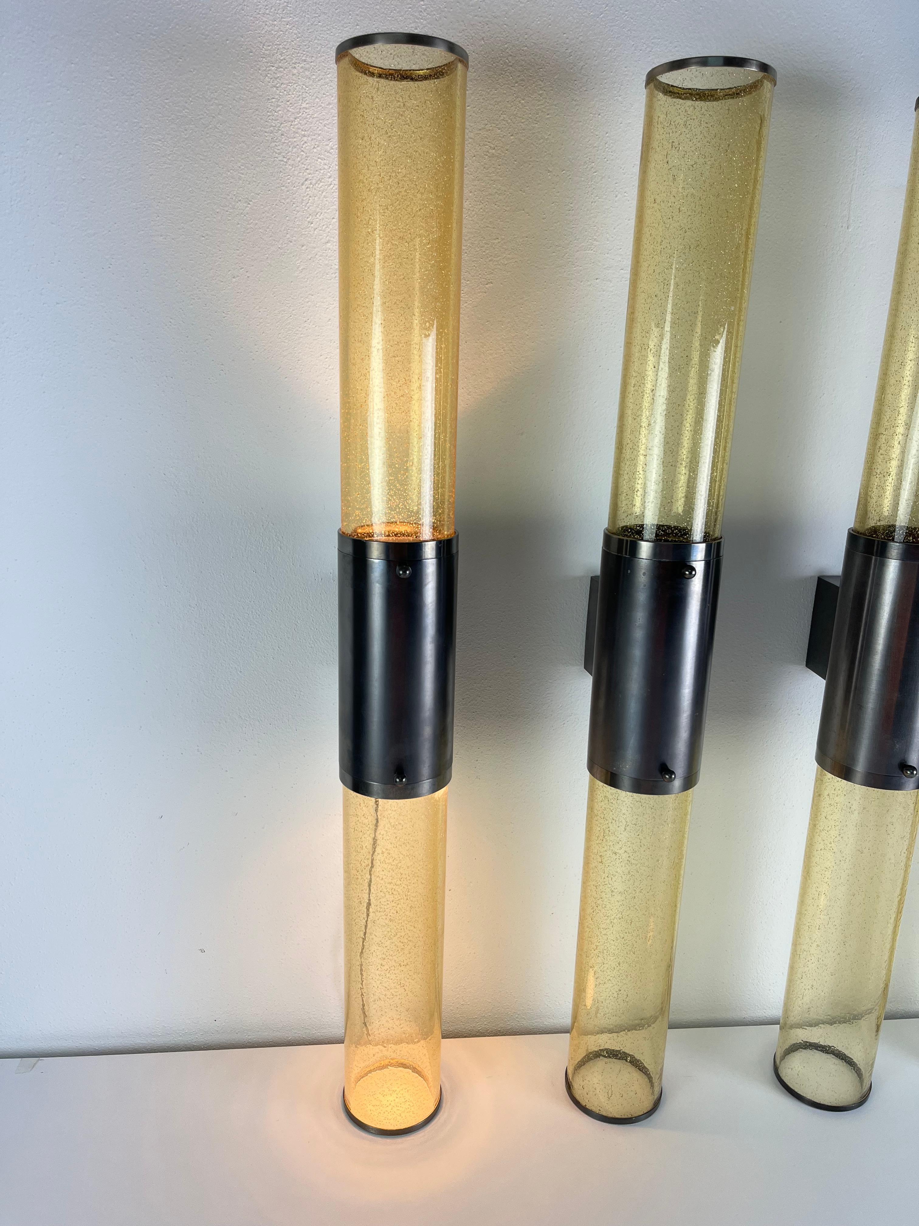 Satz von 4 langen, doppelflammigen Wandleuchten aus Muranoglas und Stahl, 1980er Jahre im Angebot 3