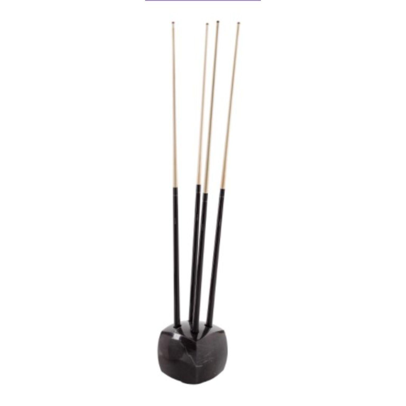 Set of 4 Longoni cue sticks + Tocco cue rack by Impatia
Dimensions: D40 x H145 cm and D28 x W28 x H28 cm
Material: Wood, Marble.

Impatia is an Italian design company located in the heart of the economic district of Northern Italy, in the Milan