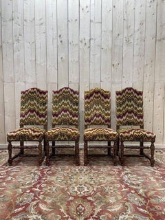 Set di 4 sedie in stile Luigi XIII in legno tornito e velluto multicolore
