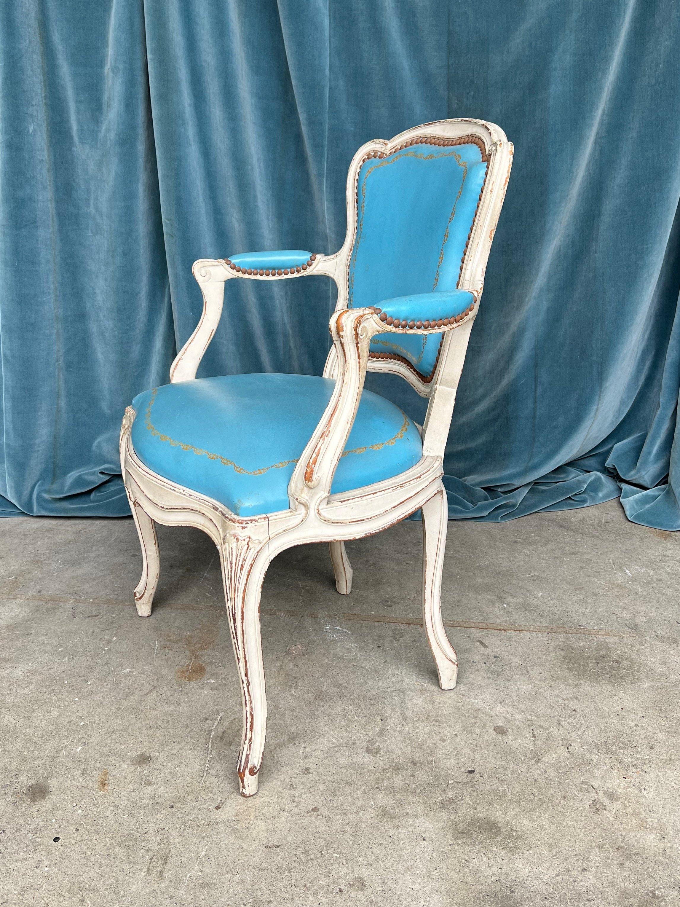 Set of 4 Louis XV Style Armchairs in Blue Leather For Sale 4