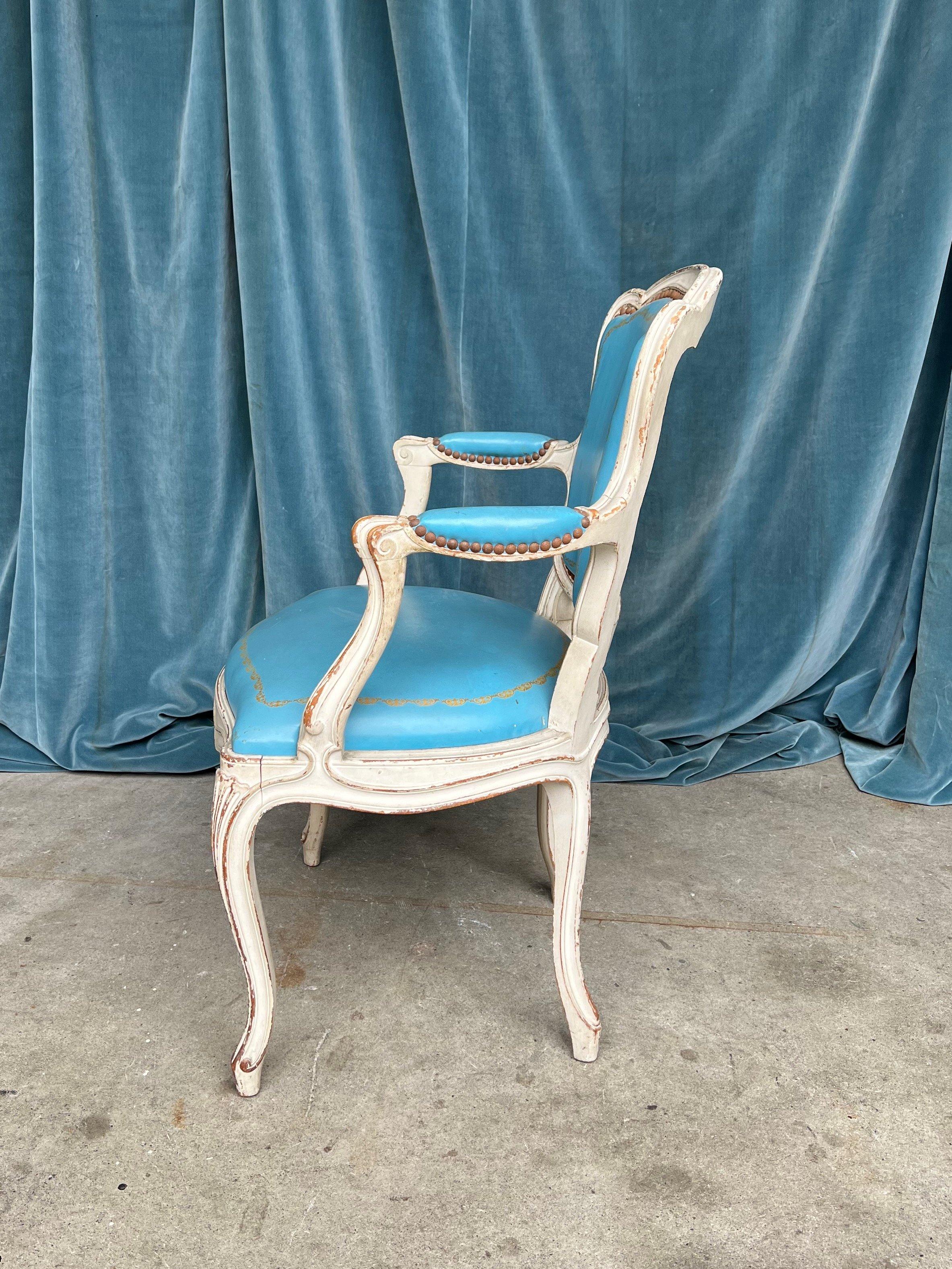 Set of 4 Louis XV Style Armchairs in Blue Leather For Sale 5
