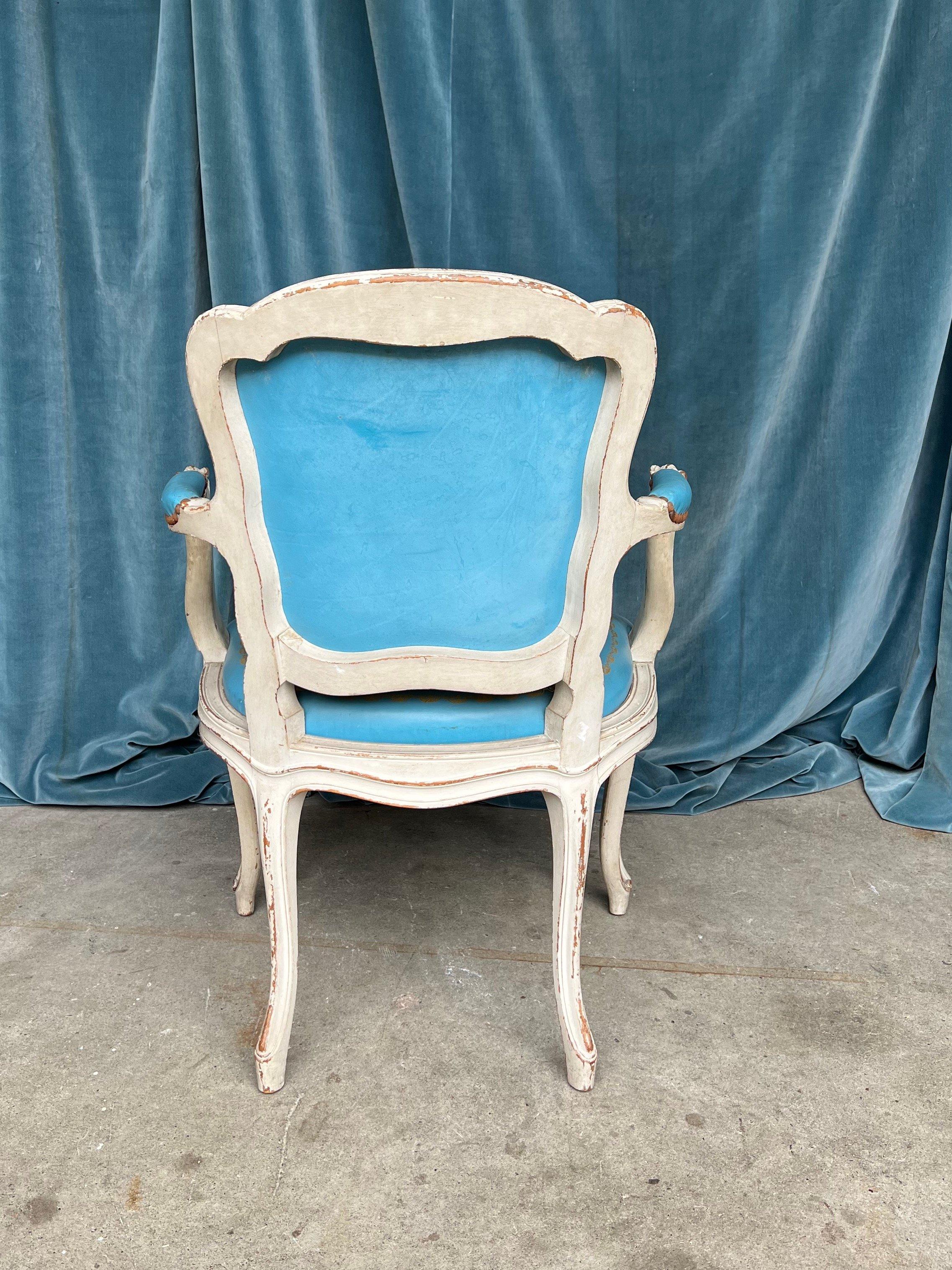 Set of 4 Louis XV Style Armchairs in Blue Leather For Sale 6