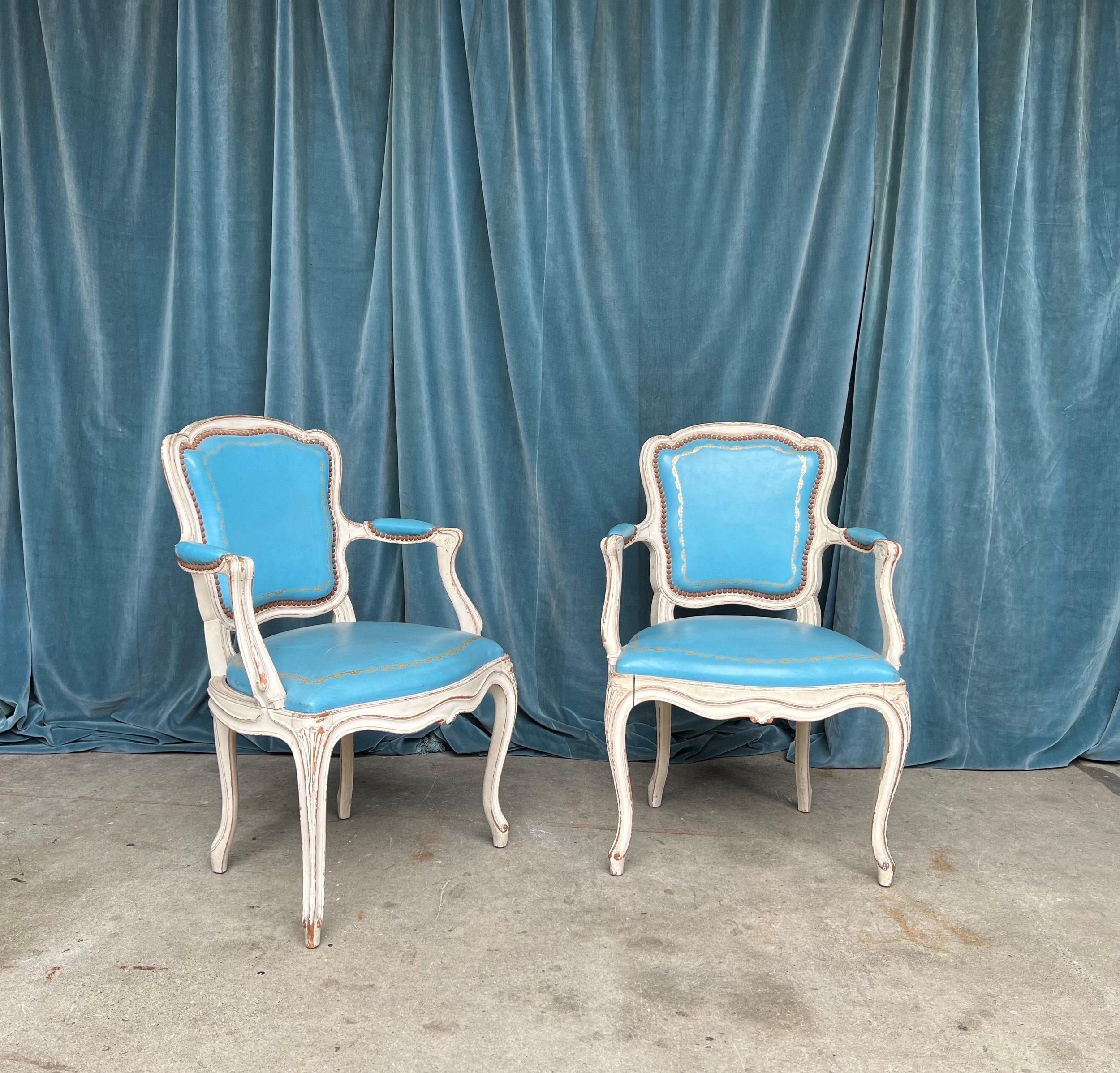 Set of 4 Louis XV Style Armchairs in Blue Leather For Sale 7