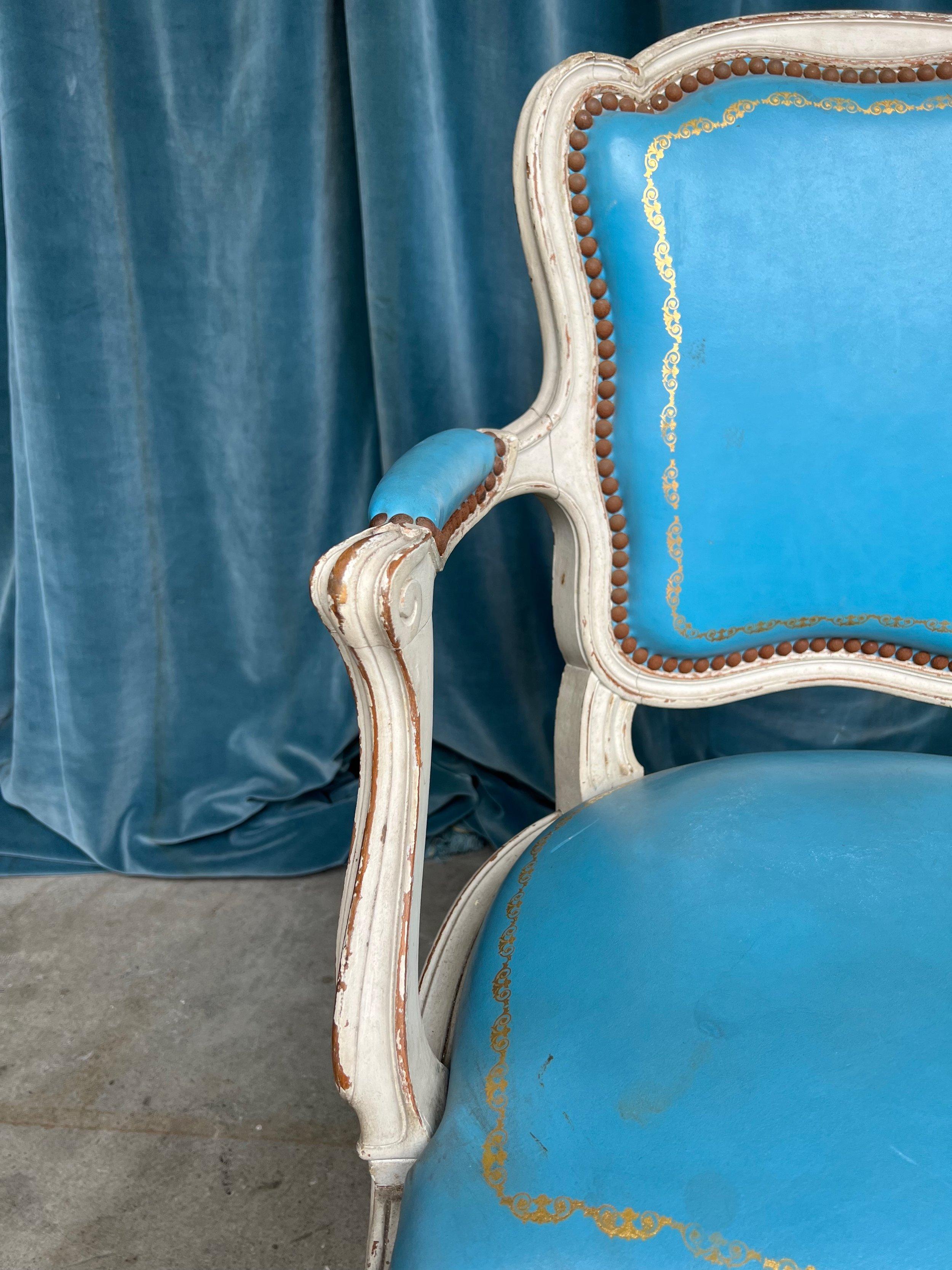 Set of 4 Louis XV Style Armchairs in Blue Leather For Sale 8