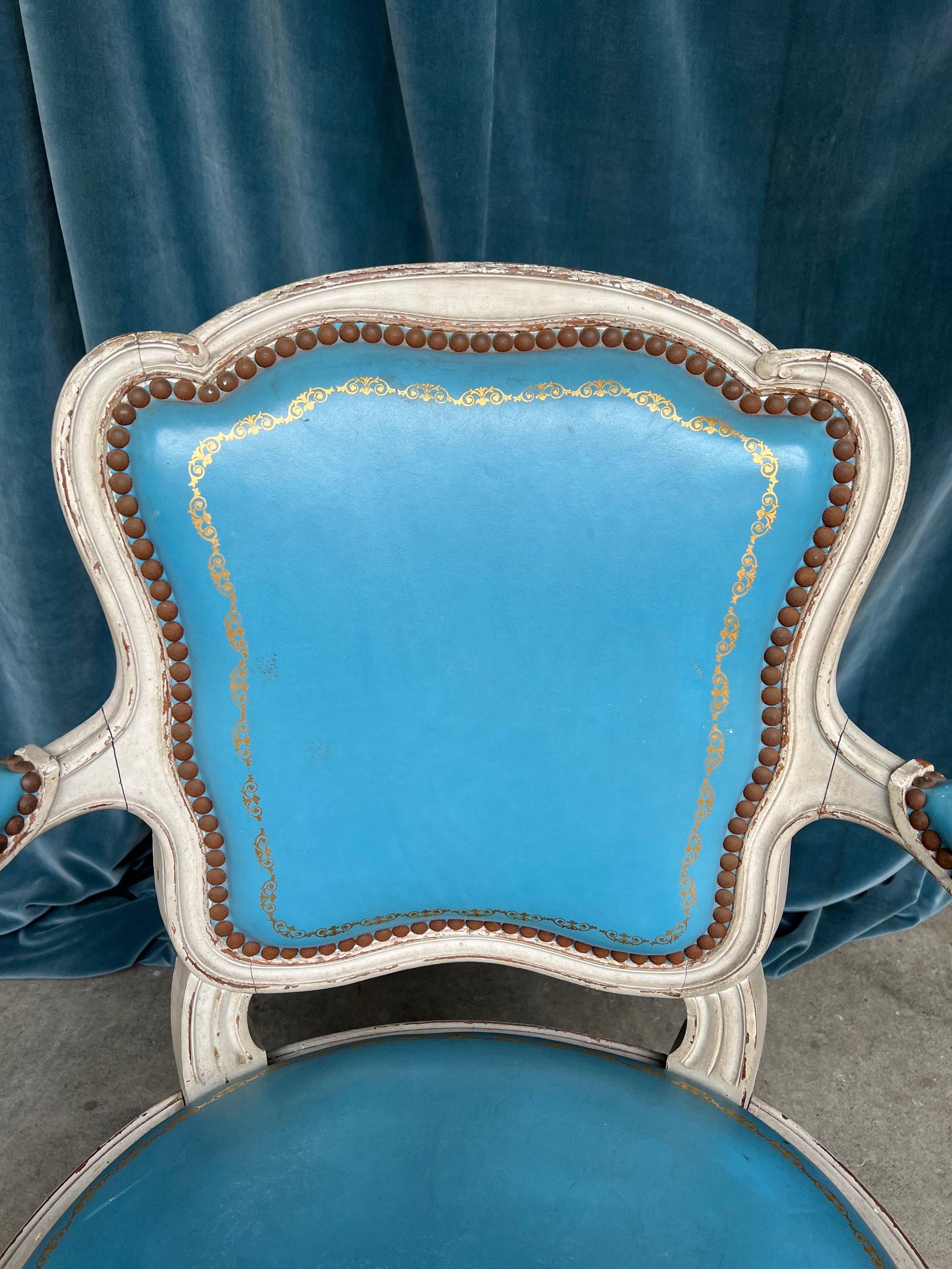 Set of 4 Louis XV Style Armchairs in Blue Leather For Sale 11
